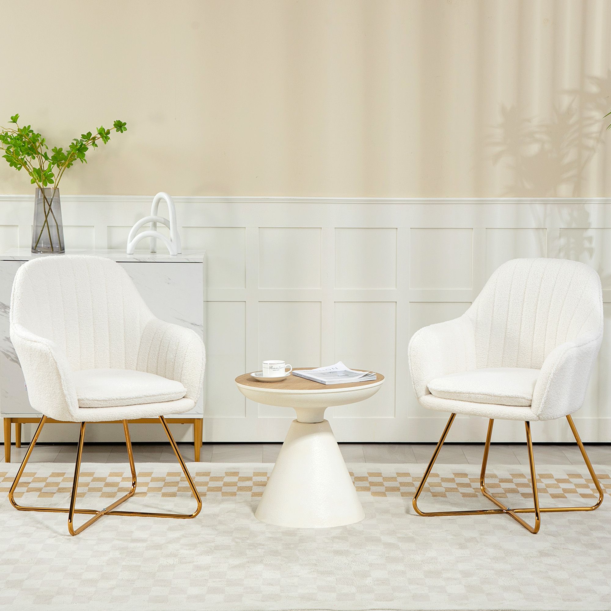 HOMCOM Dining Chair Set of 2, Boucle Armchair with Steel Legs, Cream