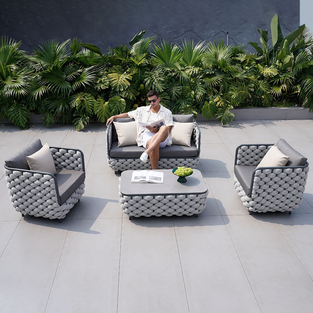 4 PCS Rope Outdoor Sofa Set with Marble Coffee Table Modern Yard & Patio Furniture for 4 Person in Gray Cushion & Pillow Included