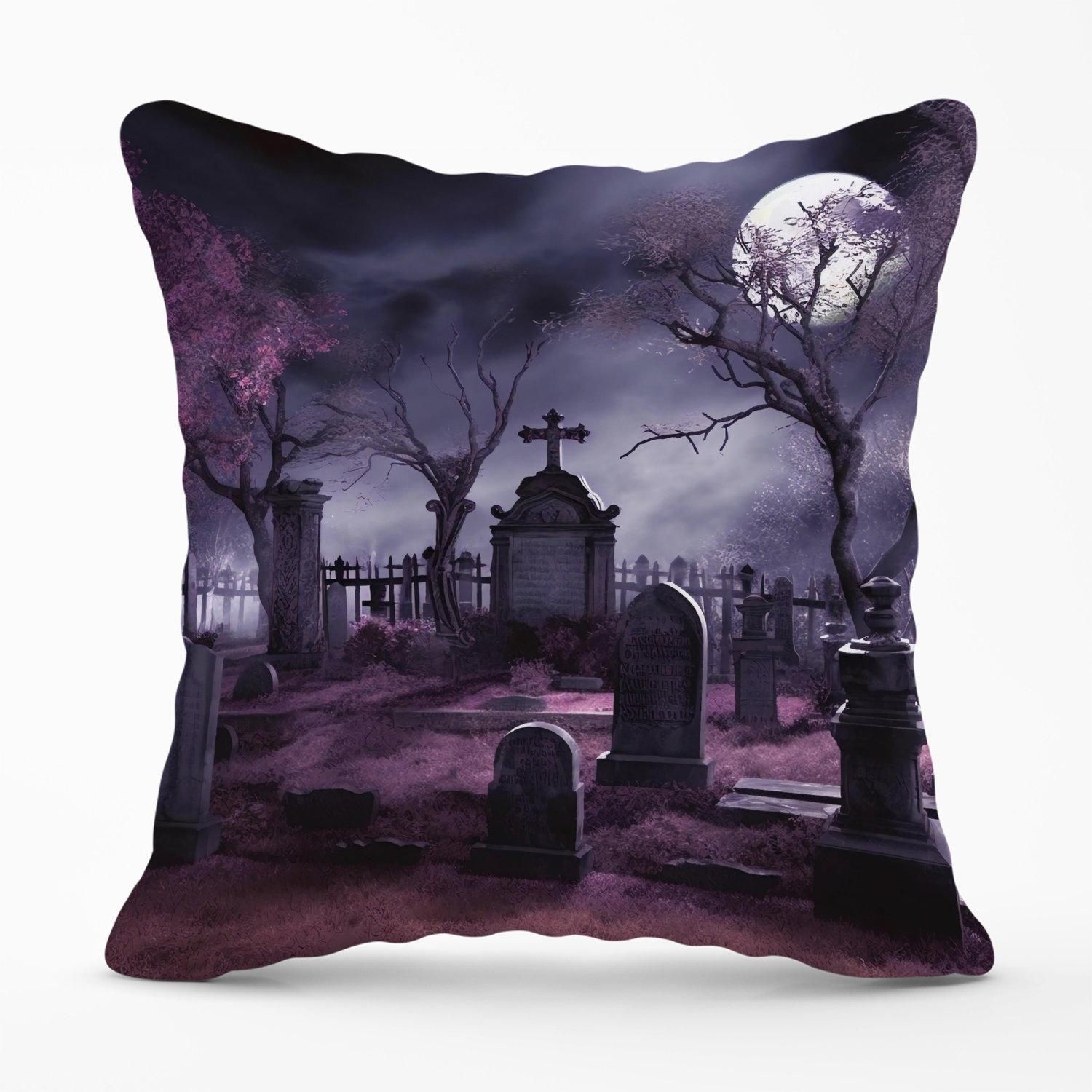 Warren Reed - Designer Witchs Moonlit Cemetery Design Outdoor Cushion in Purple