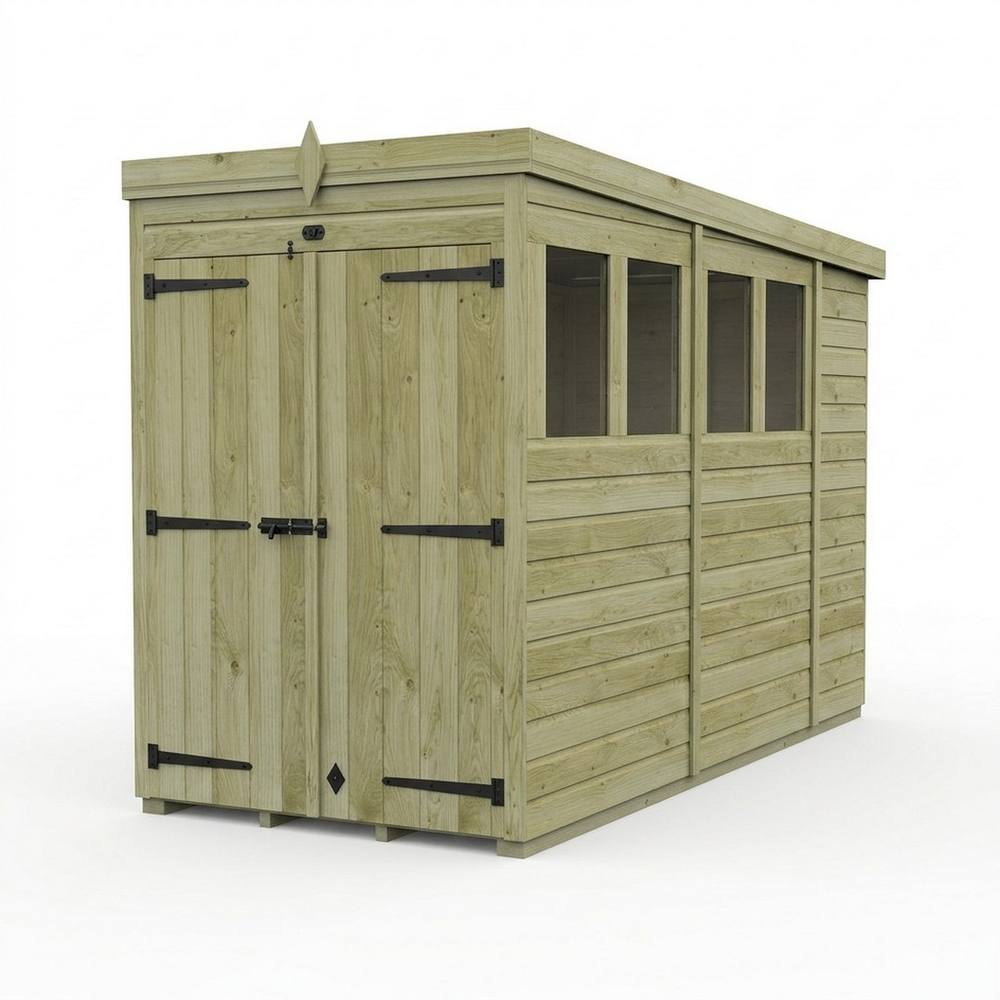 Buttercup Farm 4ft x 10ft Pent Garden Shed Double Door With Windows - Timber in Brown