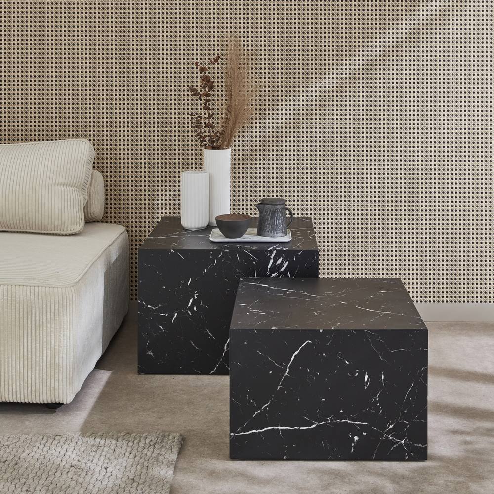 sweeek Pair Of Square Coffee Tables With Marble Effect in Black