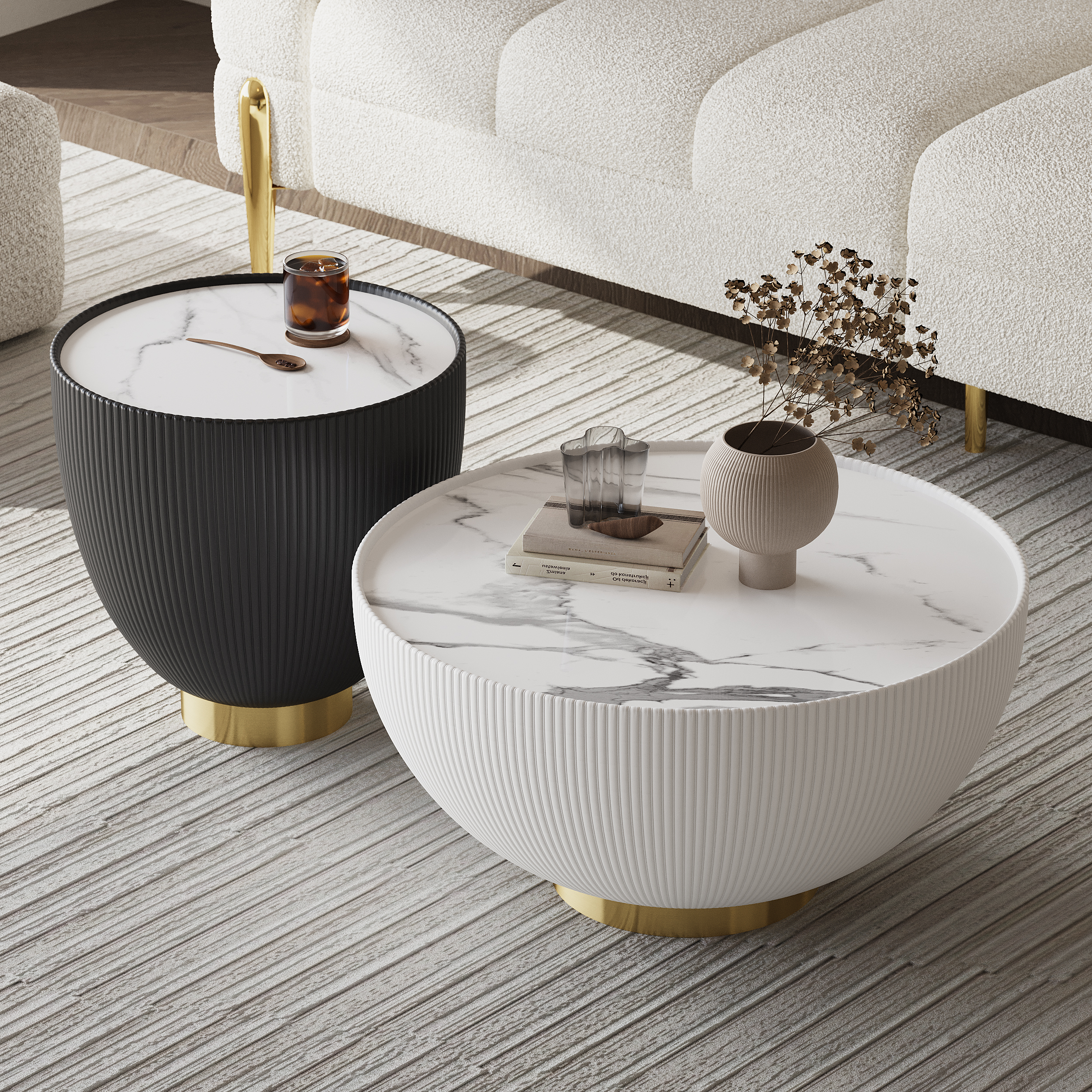Round 2-Piece Nesting Set Sintered Stone Top Beige and Gray Drum Coffee Table with PU Leather Around