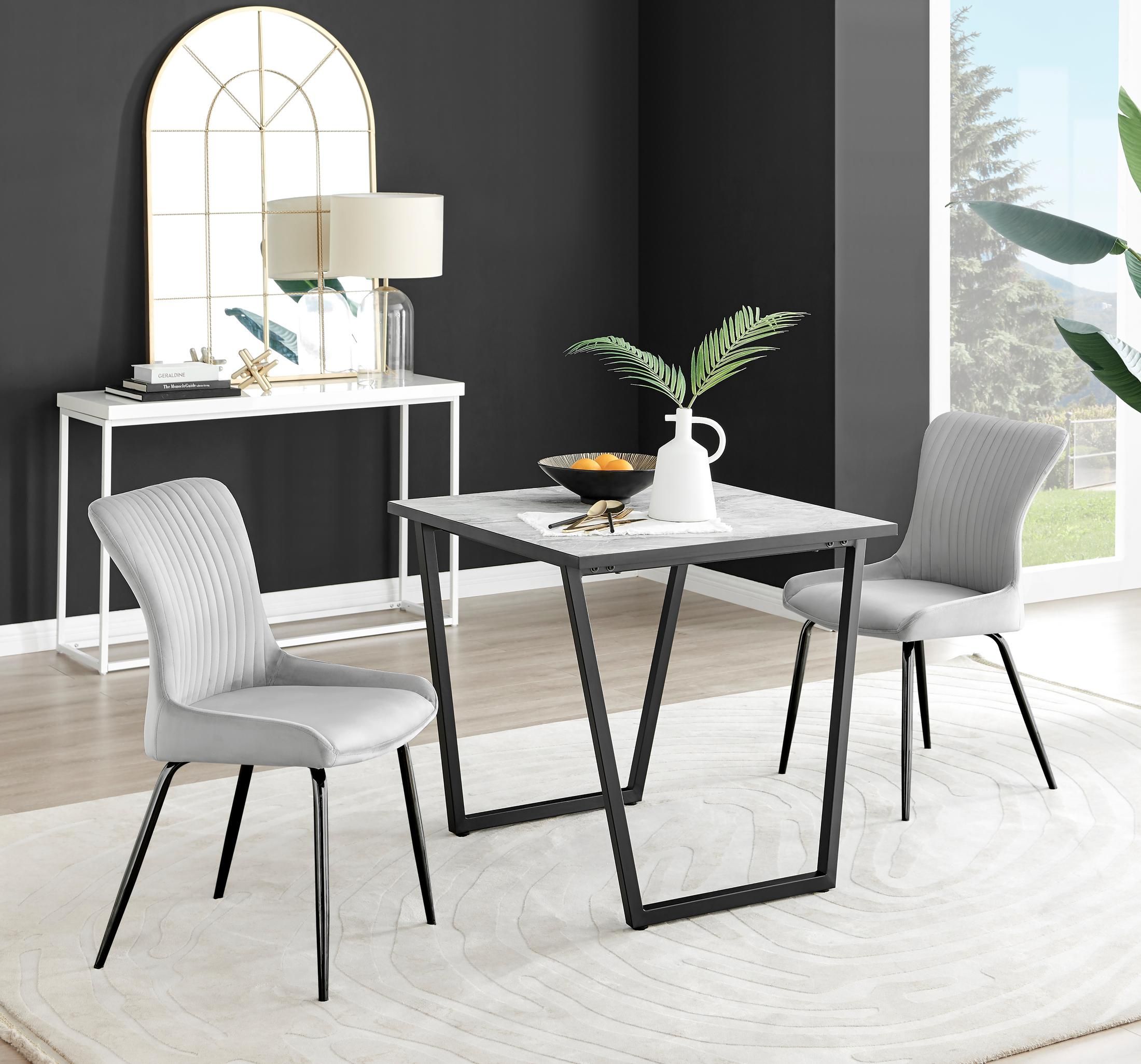 FurnitureboxUK Carson White Marble Effect Square Dining Table & 2 Velvet Nora Black Leg Chairs in Light Grey