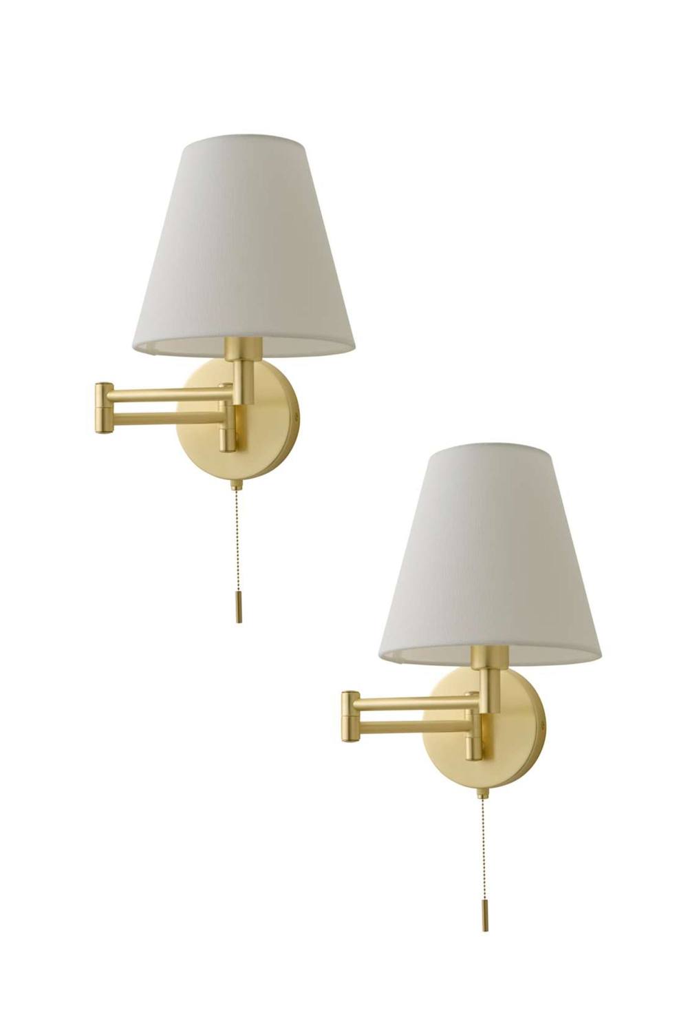 ValueLights Sonia Pair of Adjustable Swing Arm Wall Lights with Taper Linen Shades in Gold