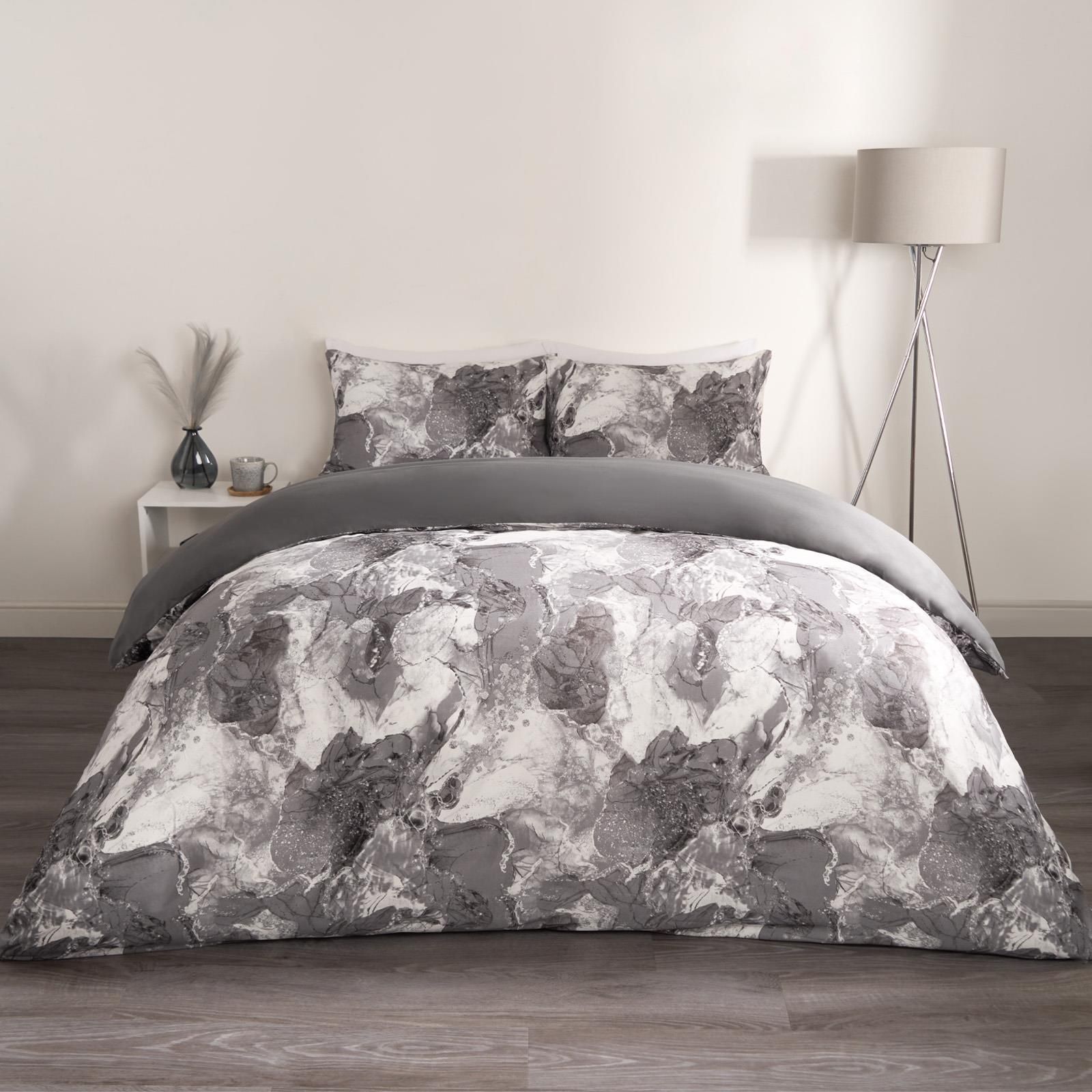 OHS Marble Duvet Cover Set Quilt Bedding Reversible in Grey