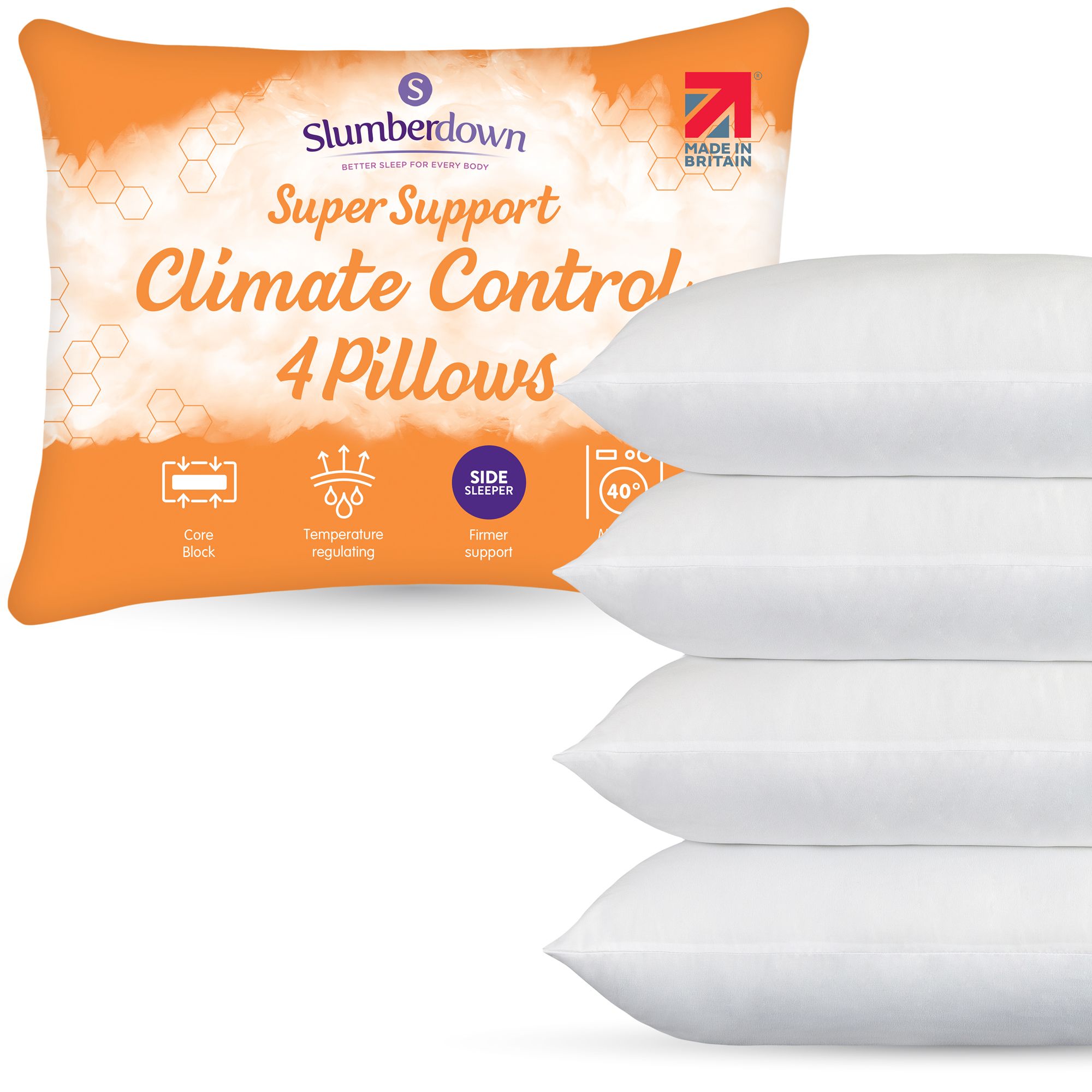 Slumberdown 4 Pack Climate Control Super Support Side Sleeper Firm Pillows in White