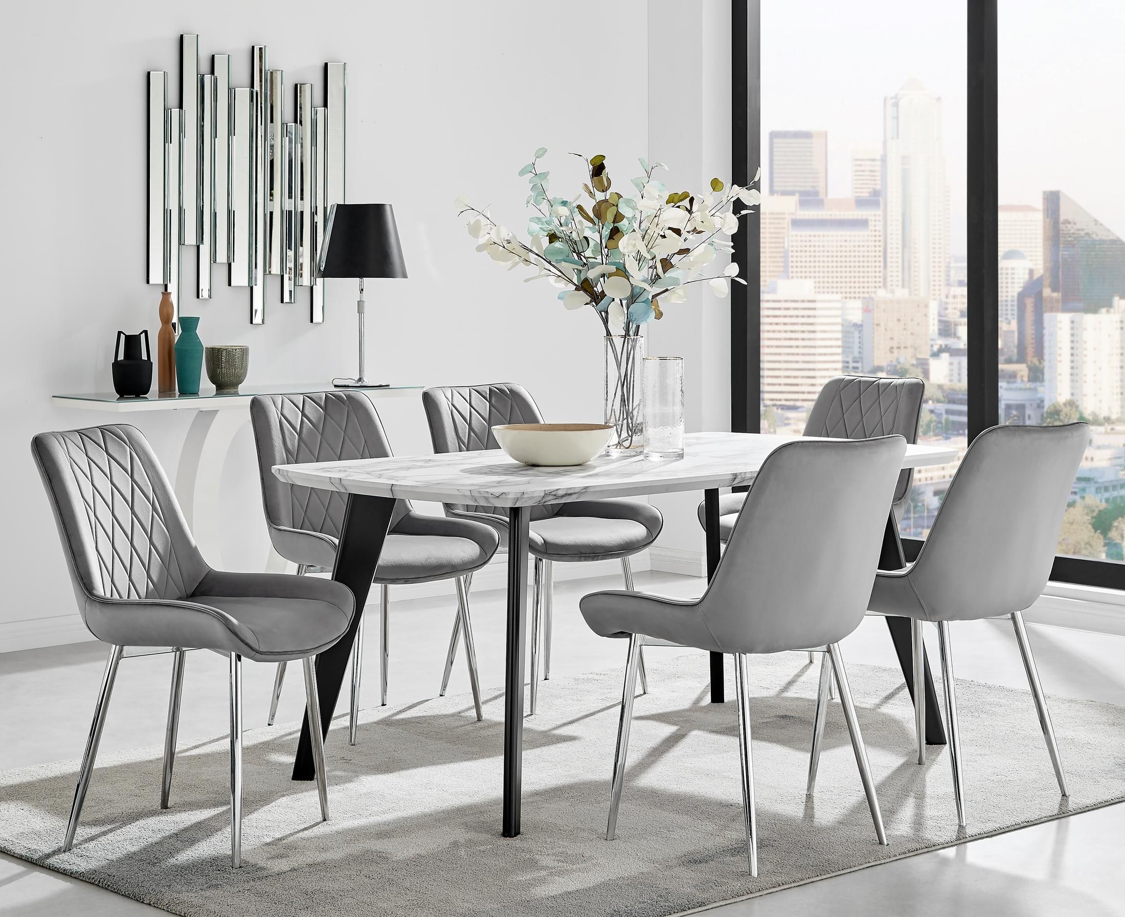 FurnitureboxUK Andria Marble Effect Dining Table With Black Legs & 6 Pesaro Velvet Silver Leg Chairs in Grey