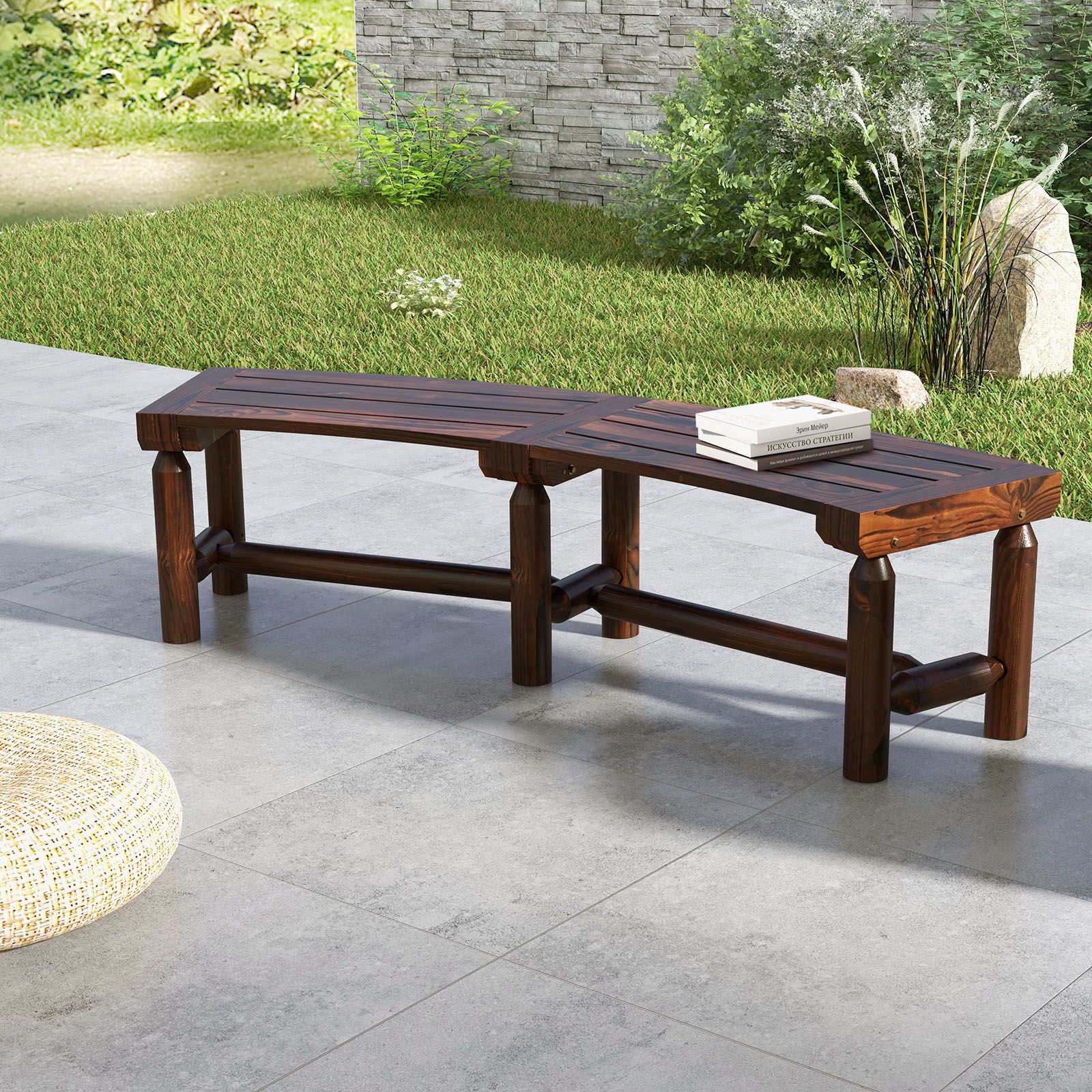 Costway Garden Curved Bench Patio Carbonized Wood Dining Bench Loveseat Slatted Seat in Brown