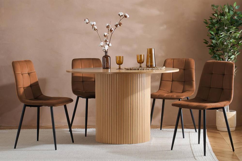 Birlea Axel Round Fluted Dining Set Table with 4 Chairs in Brown