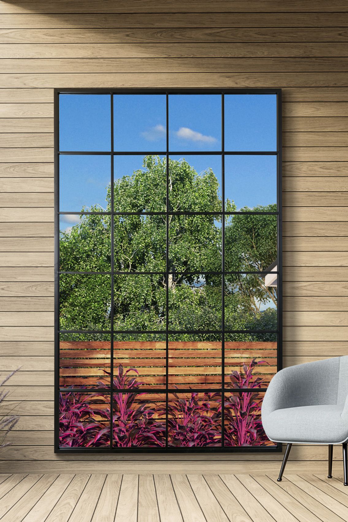 MirrorOutlet Black Modern Window Garden Wall Mirror 69" X 43" (174CM X 110CM)