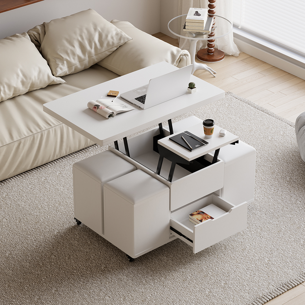 Modern White Lift Top Coffee Table 10 cm 1 with Storage Ottoman Foldable and Casters Transforming Into Dining Table