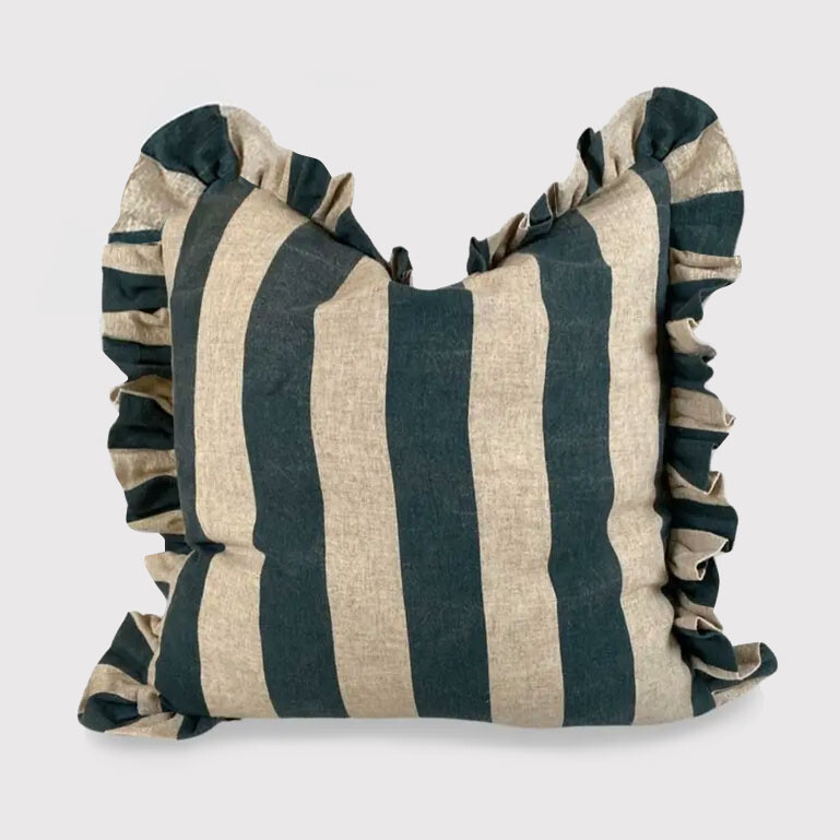 Blue Striped Frill Cushion, Square Viscose | Barker & Stonehouse