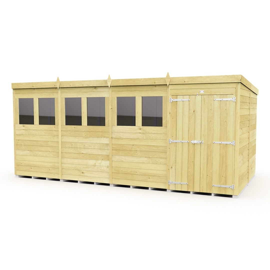 Buttercup Farm 16 x 8 Feet Pent Shed - Double Door W/ Windows - L231 x W474 x H201 cm in Brown