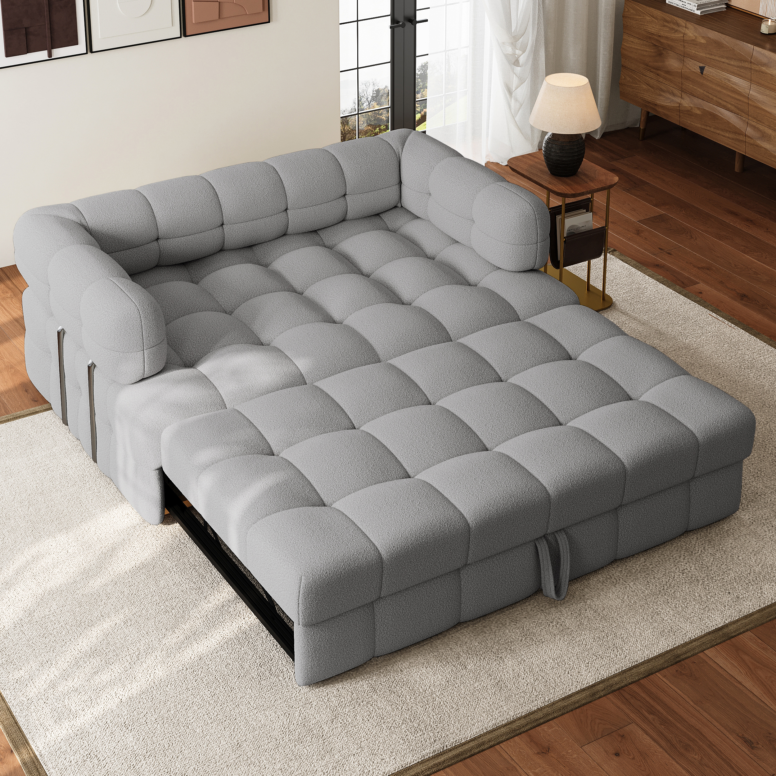 170 cm Boucle Convertible Pull out Sofa Bed Couch 2 Seater Queen Sleeper Couch with Storage