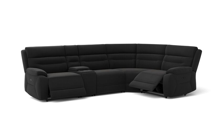 Black Fabric Fenton 3 Corner 1 Power Recliner Sofa with Media Console