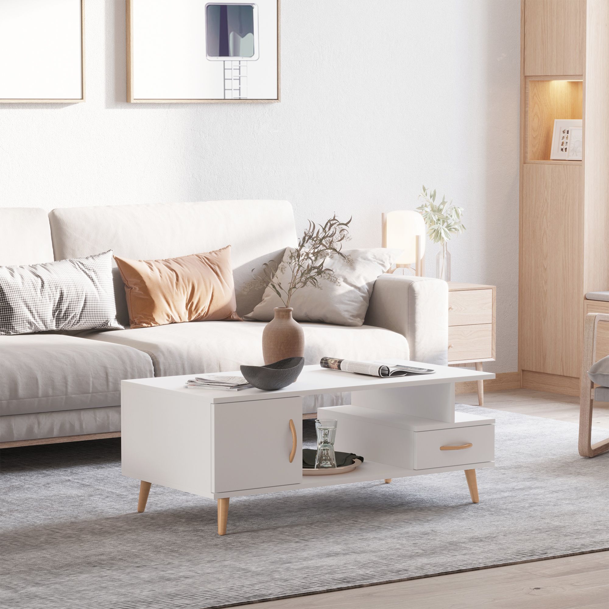 HOMCOM Modern Minimalism Storage Coffee Table Wooden Living Reception Room in White