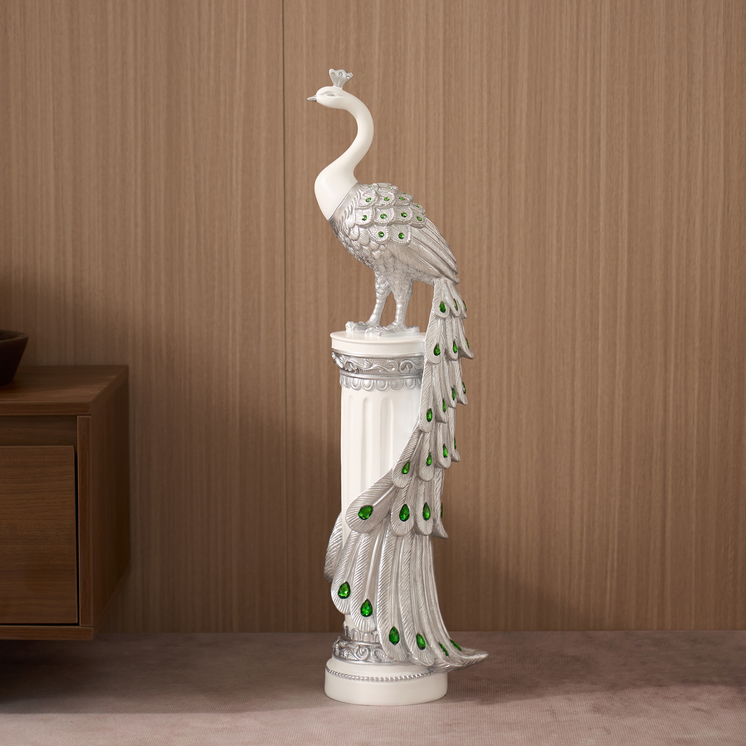 70 cm Silver Peacock Statue with Diamond Accents – Luxury Resin Peacock Sculpture