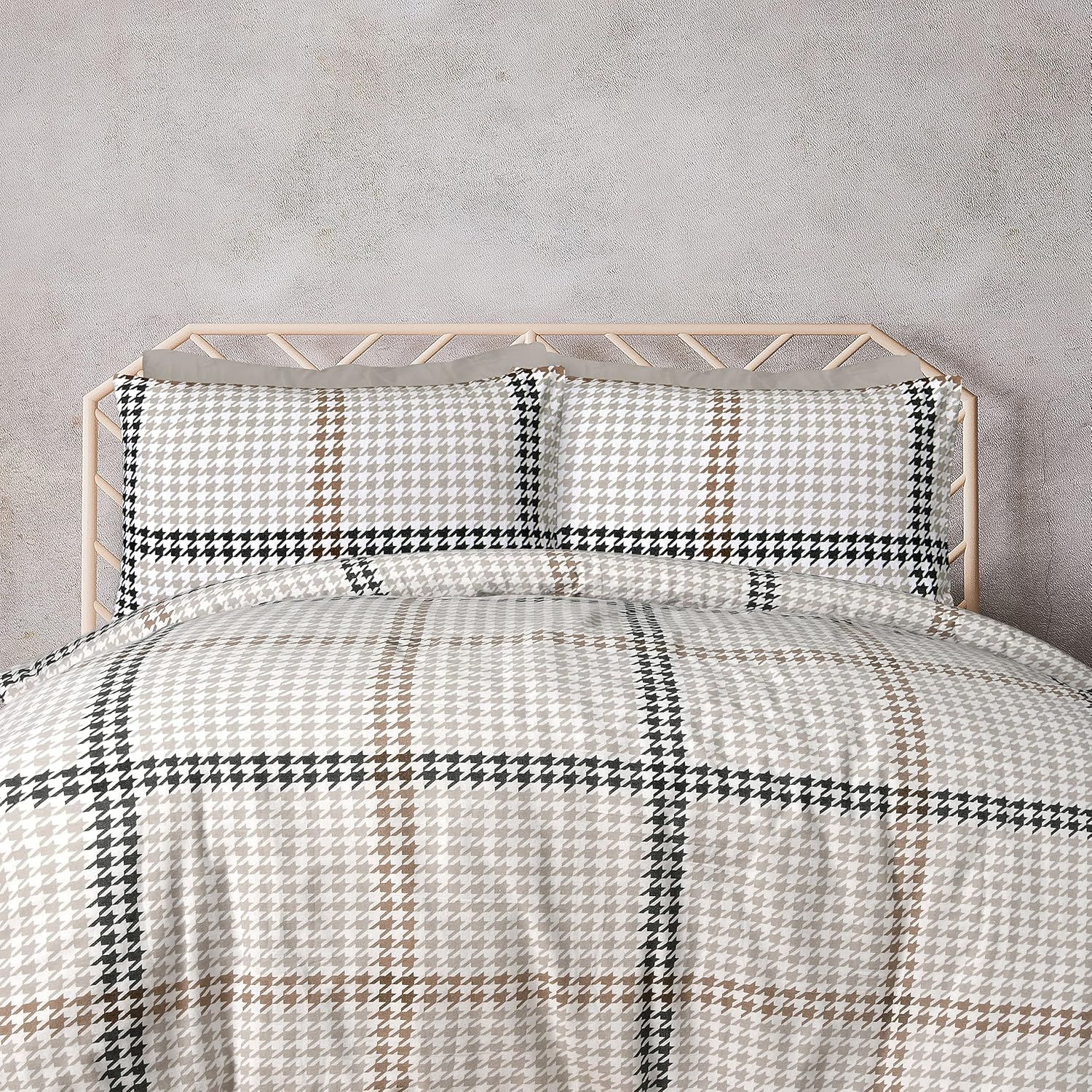 Smart Living Luxury Easy Care Houndstooth Check Brushed Cotton Duvet Cover Set in Natural