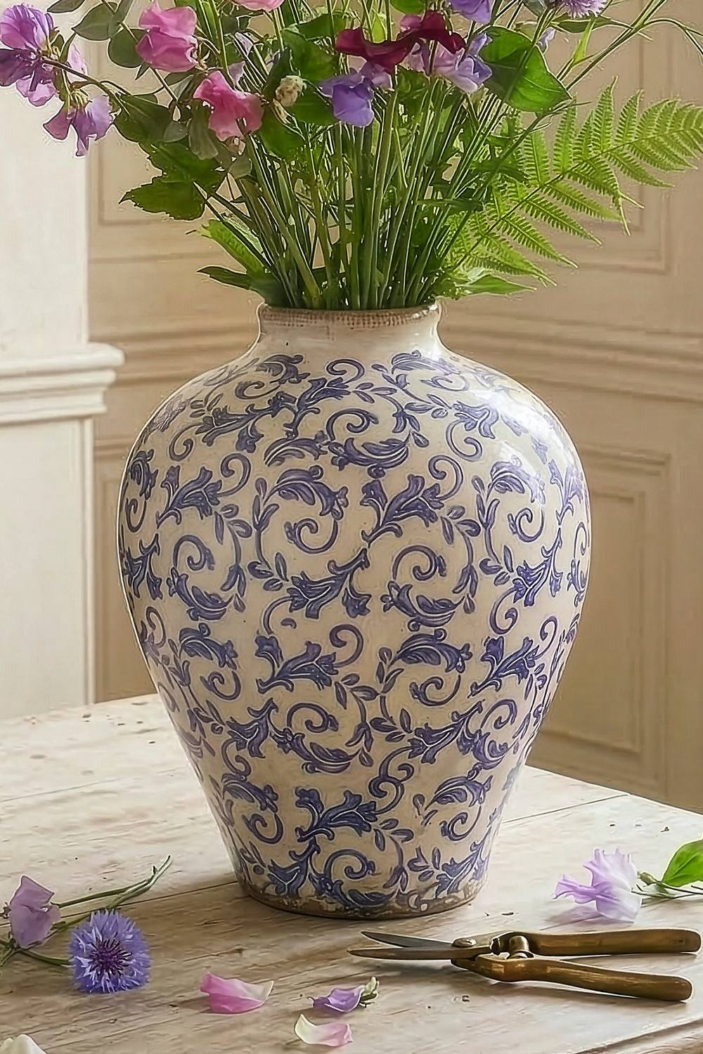 Dibor Vintage Solene Large Blue Botanical Round Flower Vase H28 x Dia23cm in Cream