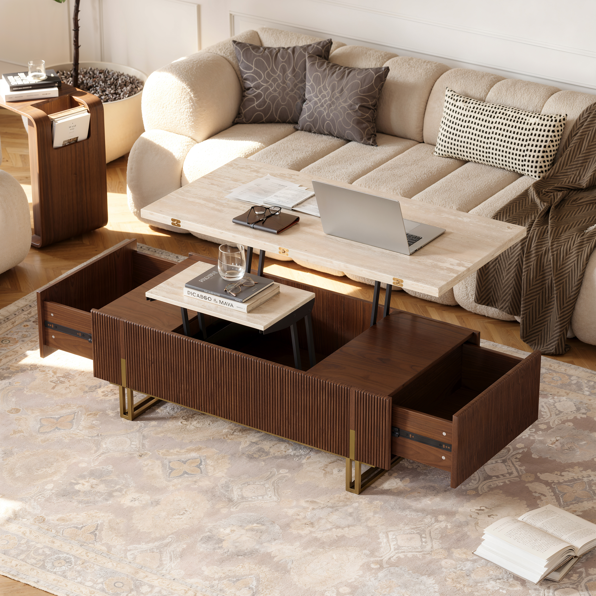 Grovyn 47.2" Fluted Lift-Top Coffee Table with 2 Drawers