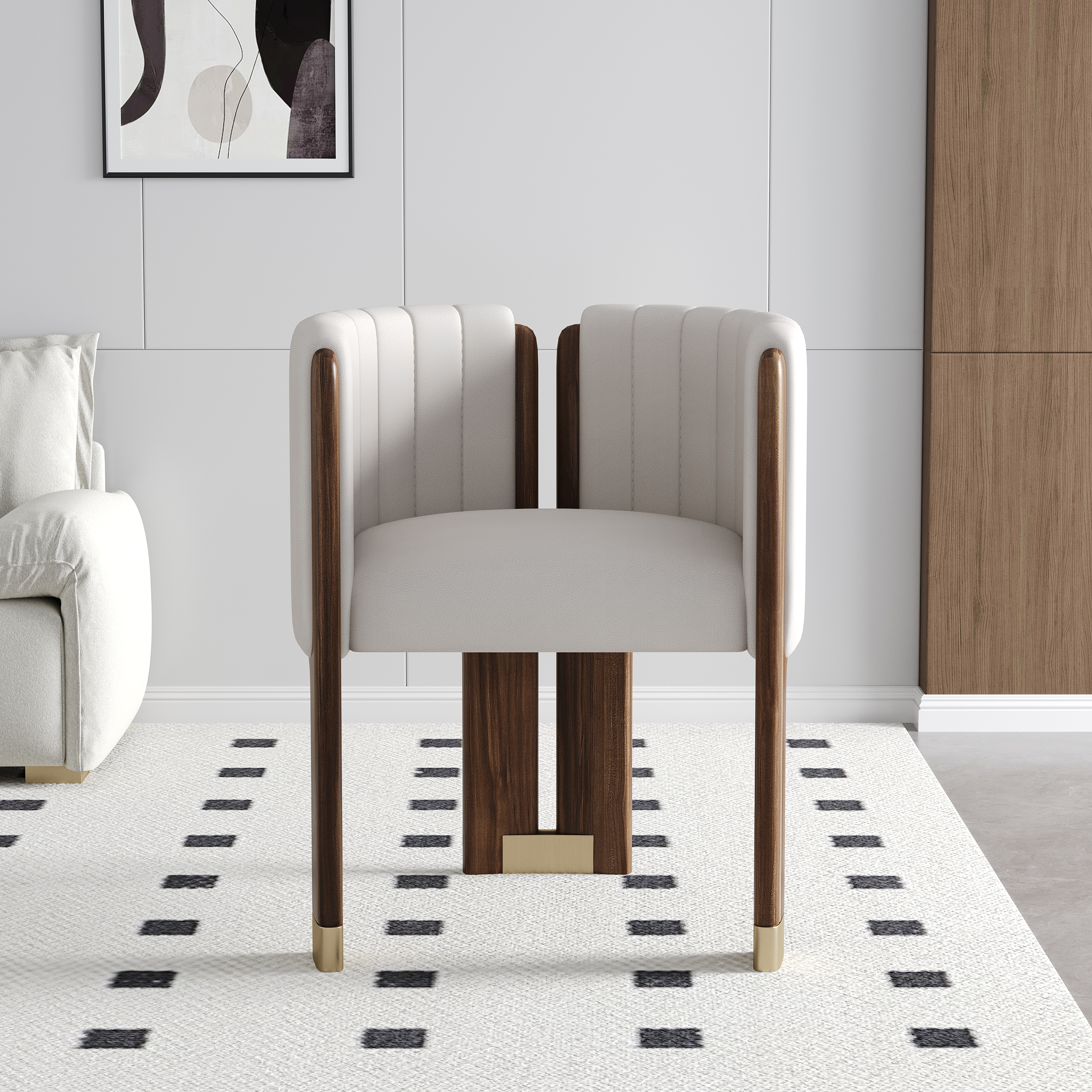 Modern Wood Accent Chair White Microfiber Leather Upholstered Arm Chair Set of 4
