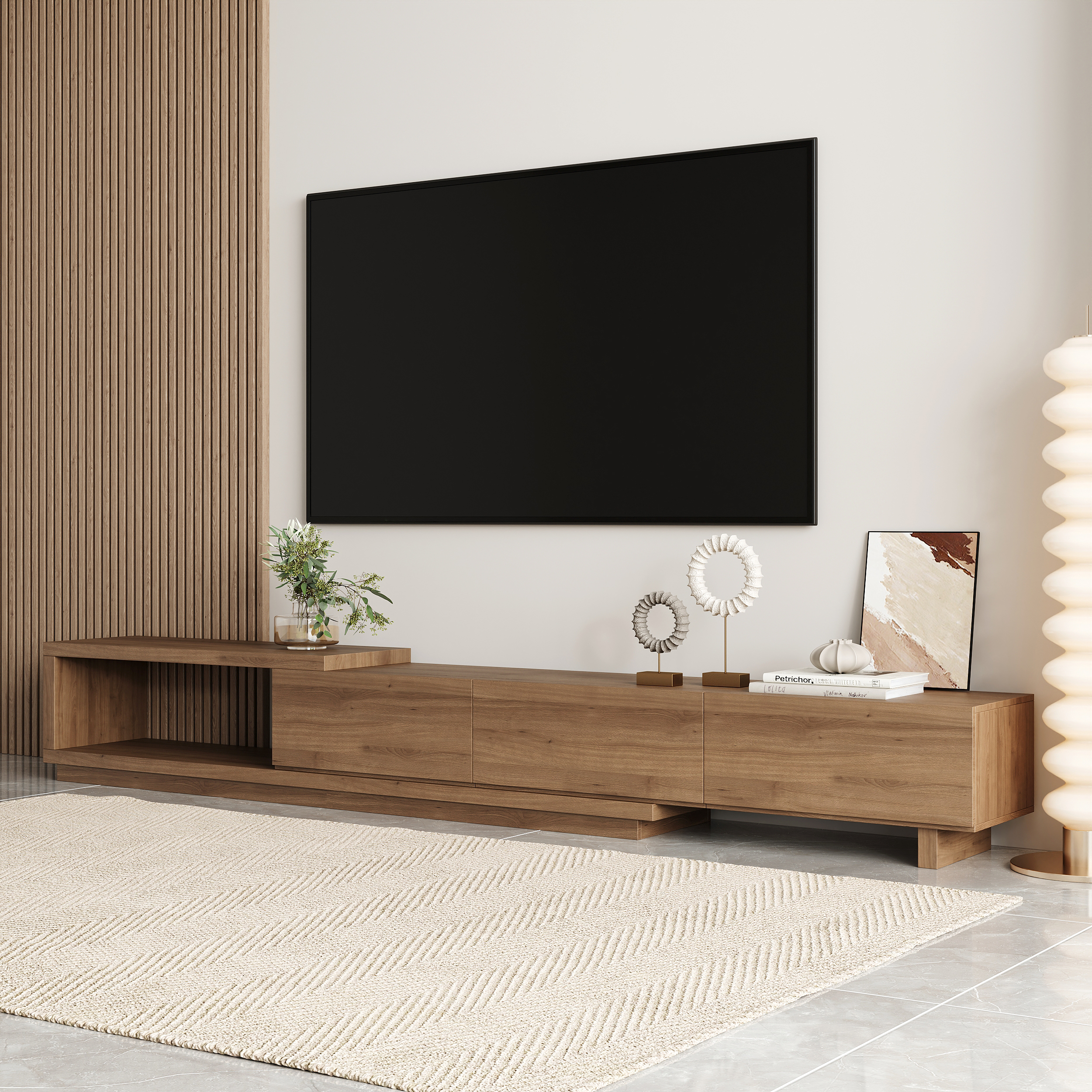 Quoint 255 cm Modern Walnut TV Stand Retracted & Extendable 3-Drawer Media Console