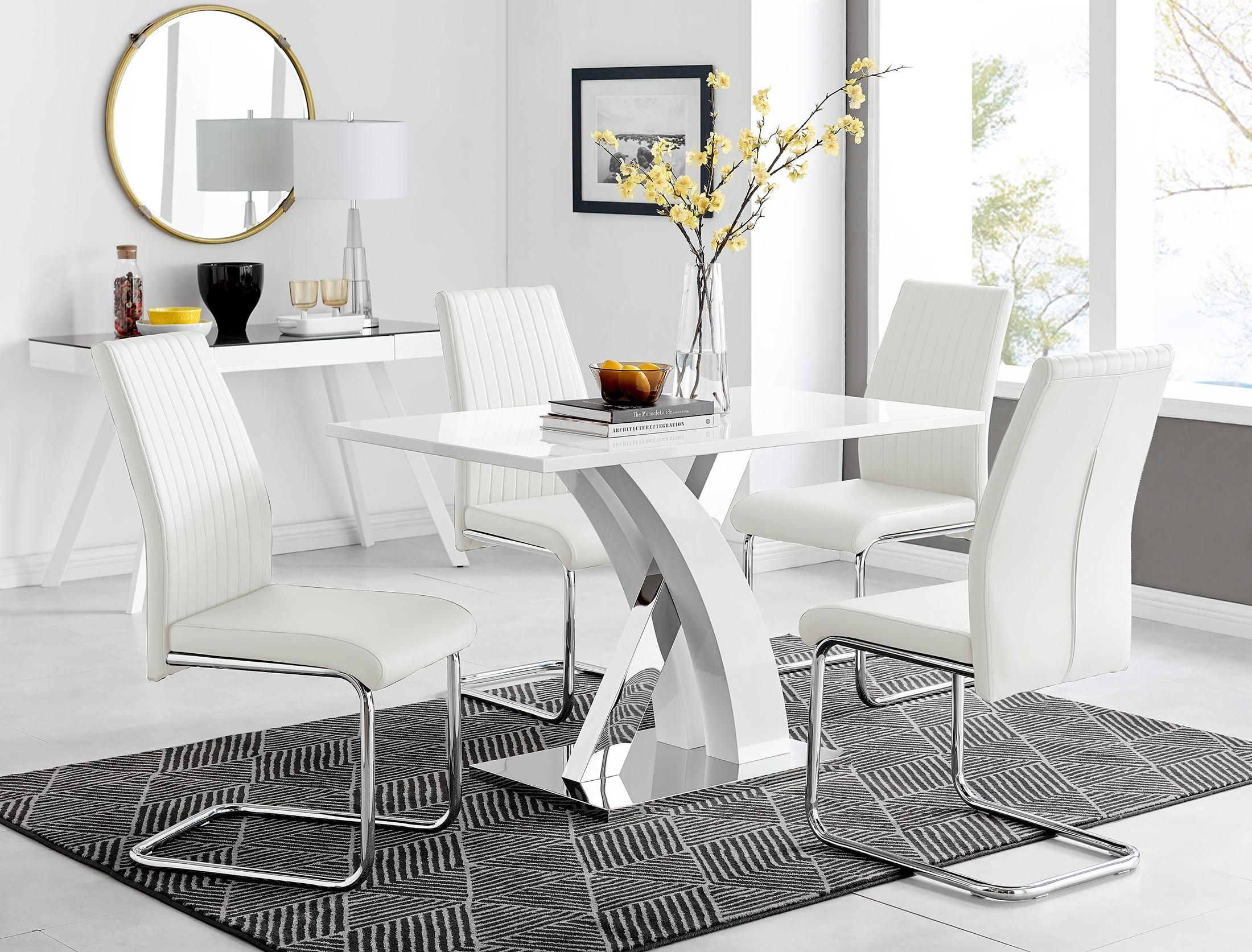 FurnitureboxUK Atlanta White High Gloss & Chrome 4 Seater Dining Table with X Shaped Legs & 4 Faux Leather Lorenzo Chairs