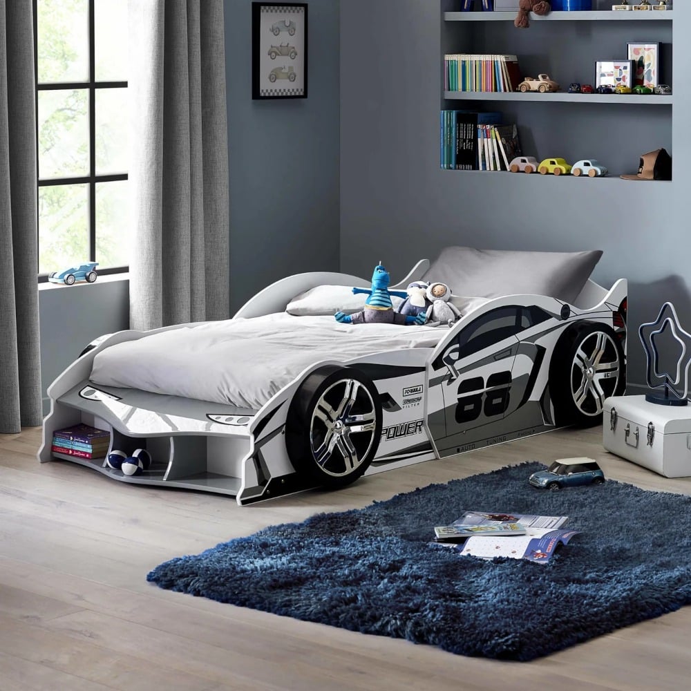 Storm - Single - Racer Design Car Kids Bed - White/Grey - Wooden - 3ft