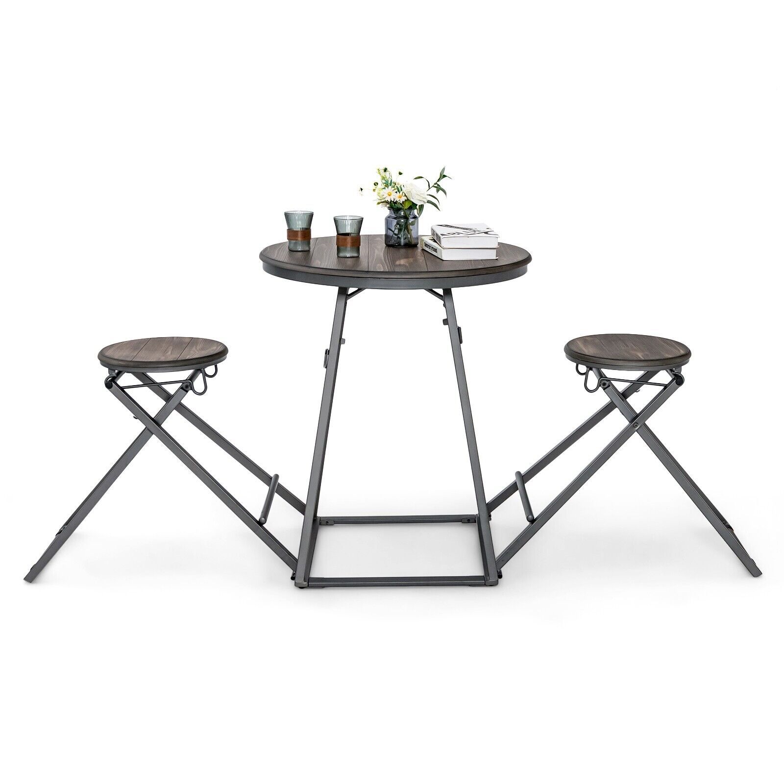 Costway 3-Piece Round Table & Stool Set Dining Bar Table w/ 2 Foldable Stools in Grey