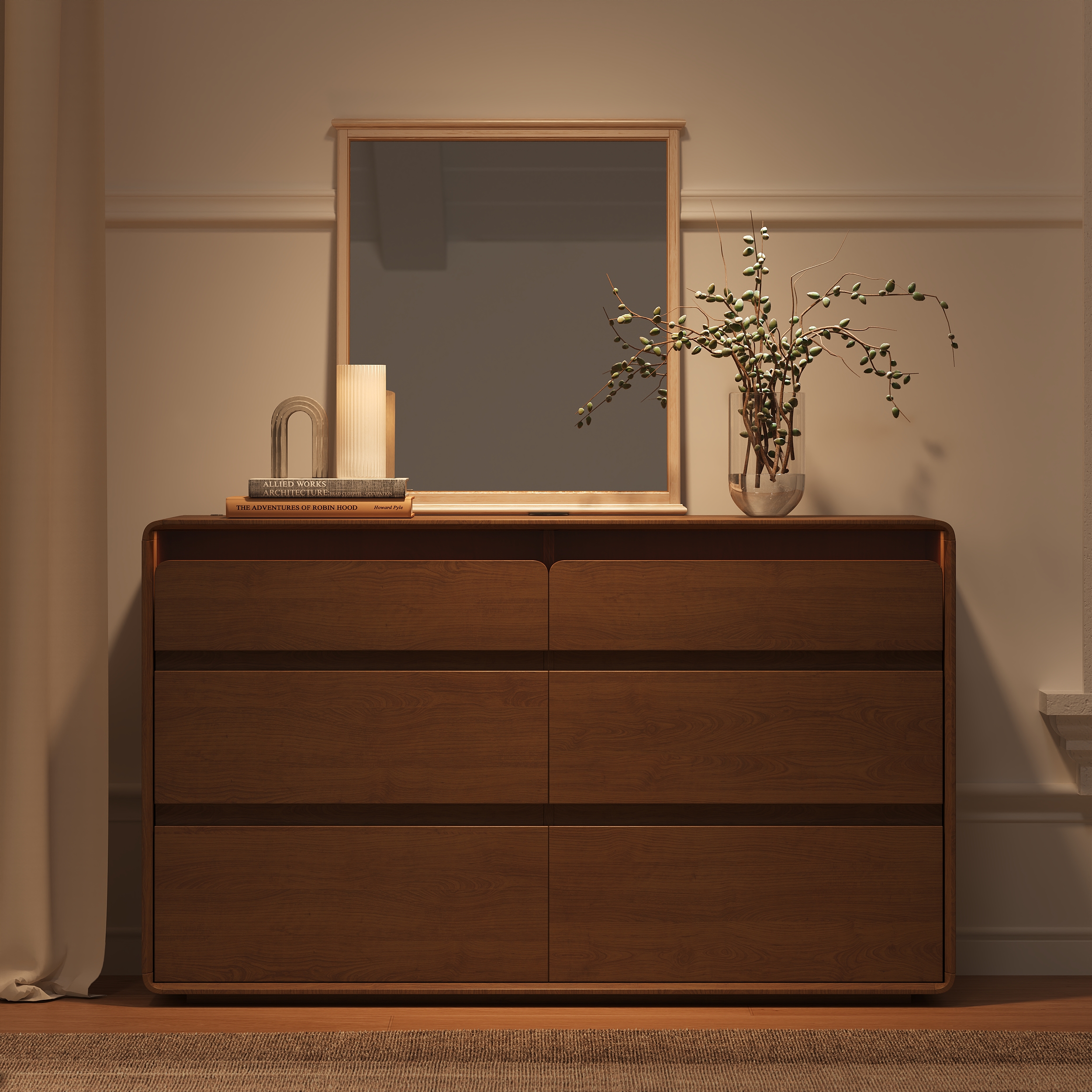 Meloa 47" Wooden Walnut 6-Drawer Chest of Drawers with Light and Charging Station
