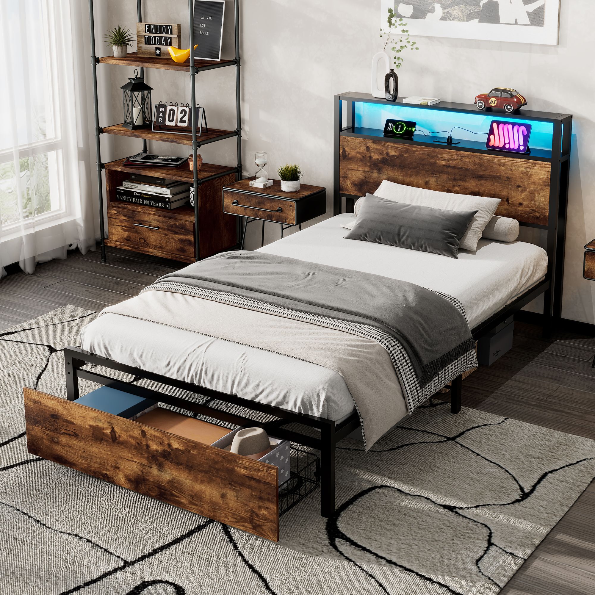 Matteo Metal Bed, 3FT Single Bed With LED Light Strip & Drawer, 2 USB Port+1 Type C in Black