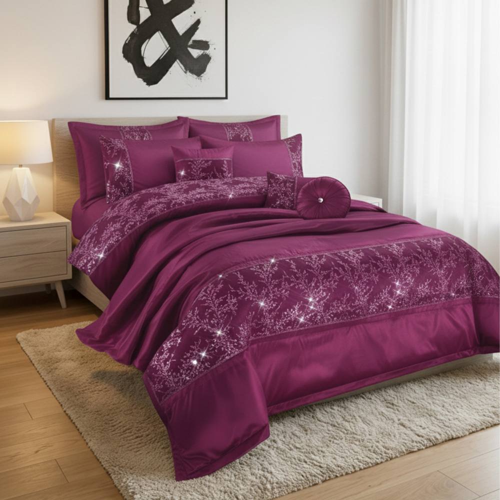 Snug City Embroidered Duvet Cover Set Luxury Bedding with Matching Accessories in Purple