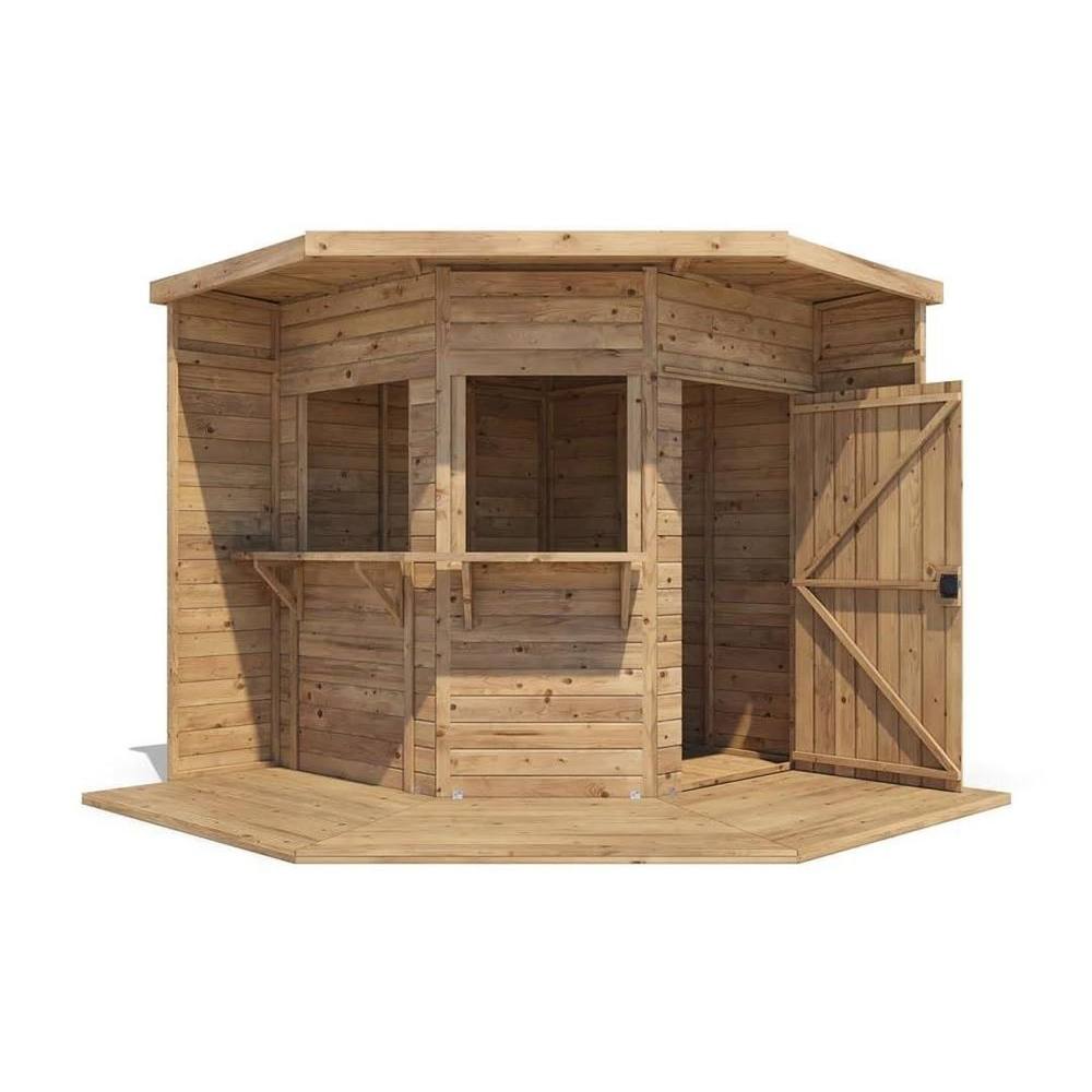Dunster House Corner Garden Bar 2.4m x 2.4m Pressure Treated Hangover Fully Loaded in Brown