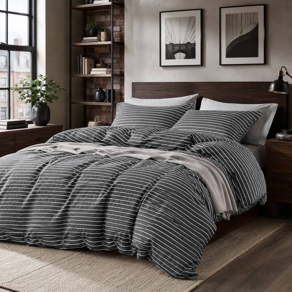 Grace Pinstripe Elegant Duvet Cover Set Ultrasoft Reversible Bedding Sets in Charcoal