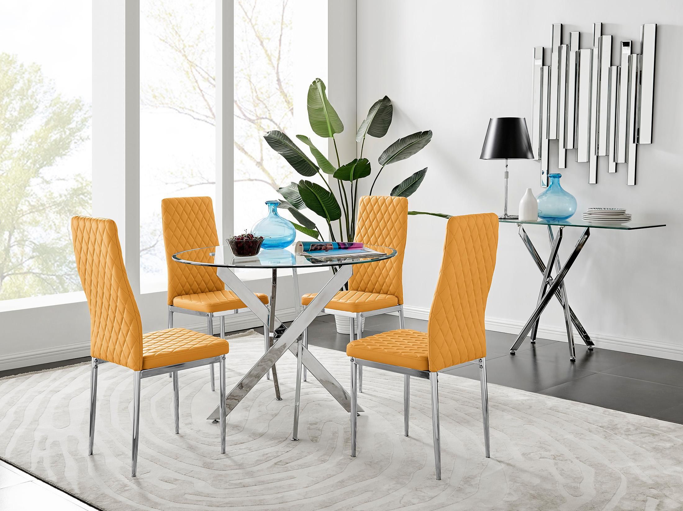 FurnitureboxUK Novara Clear Tempered Glass 100cm Round Dining Table with Chrome Starburst Legs & 4 Milan Faux Leather Chairs in Mustard