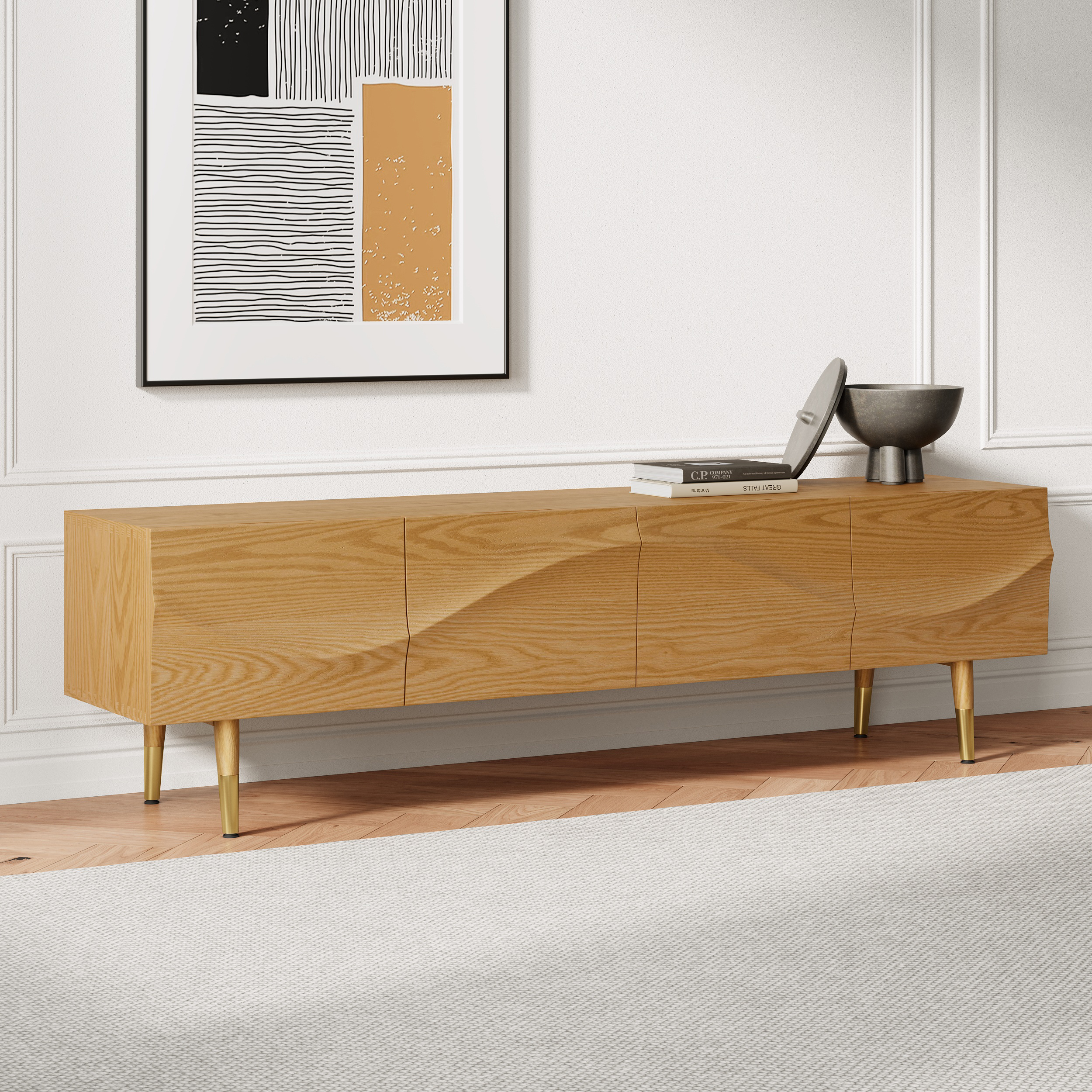 Lake Mid Century TV Stand with Wavy Design Natural Storage Drawers for TVs Up to 1905mm