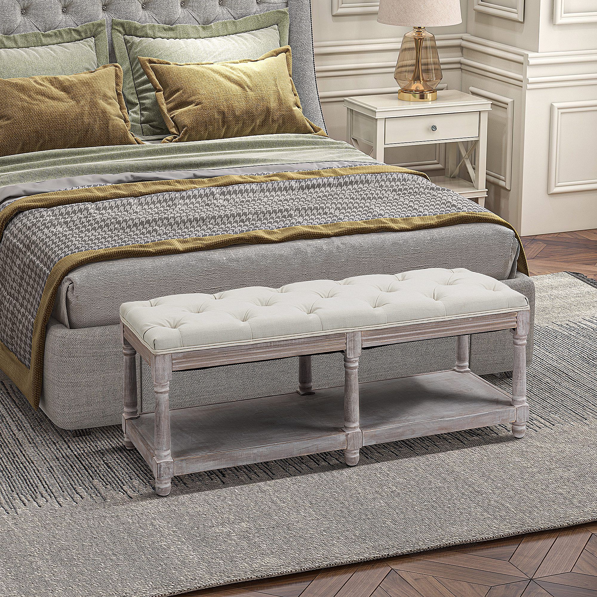 HOMCOM Rack Bench w/ Button Tufted Seat Cushion for Living Room Hallway Bedroom in Cream