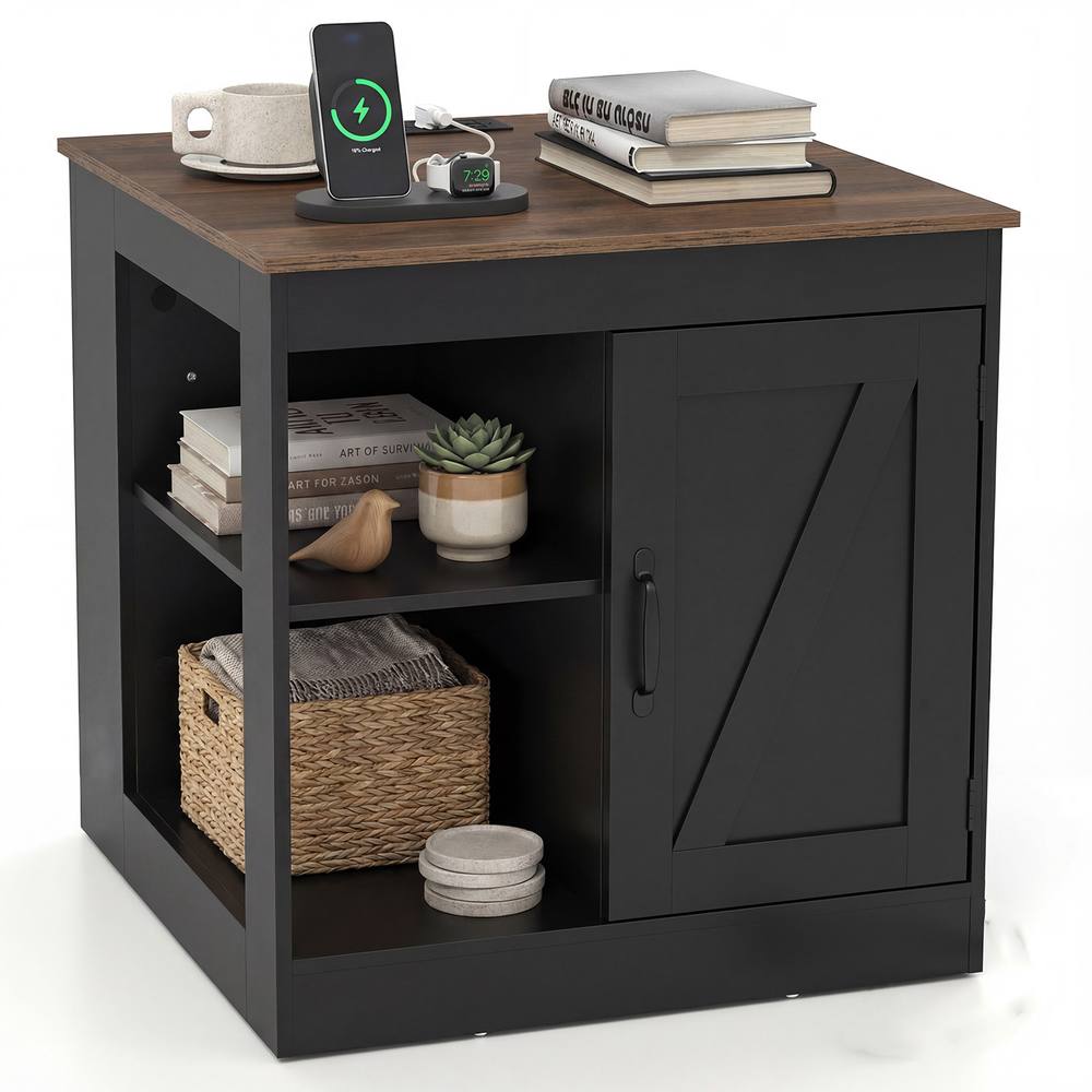 Costway Farmhouse Nightstand w/Charging Station Wooden Bedside Table End Table in Black