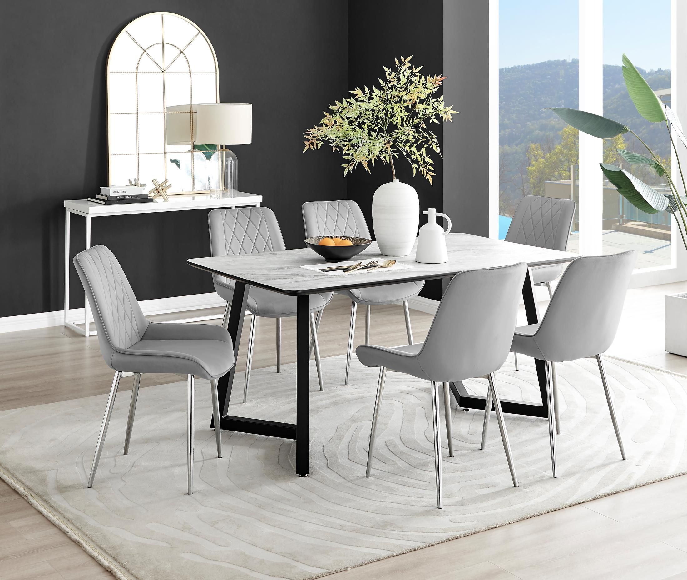 FurnitureboxUK Carson White Marble Effect Dining Table & 6 Pesaro Silver Chairs in Grey