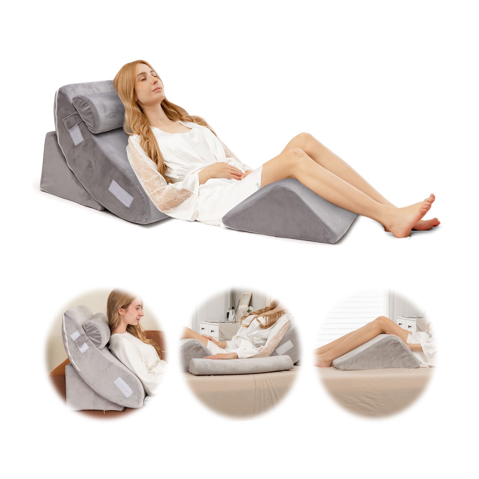 Costway 4pcs Bed Wedge Pillow Set Adjustable Bed Wedge Memory Foam Pillow Washable Cover in Grey
