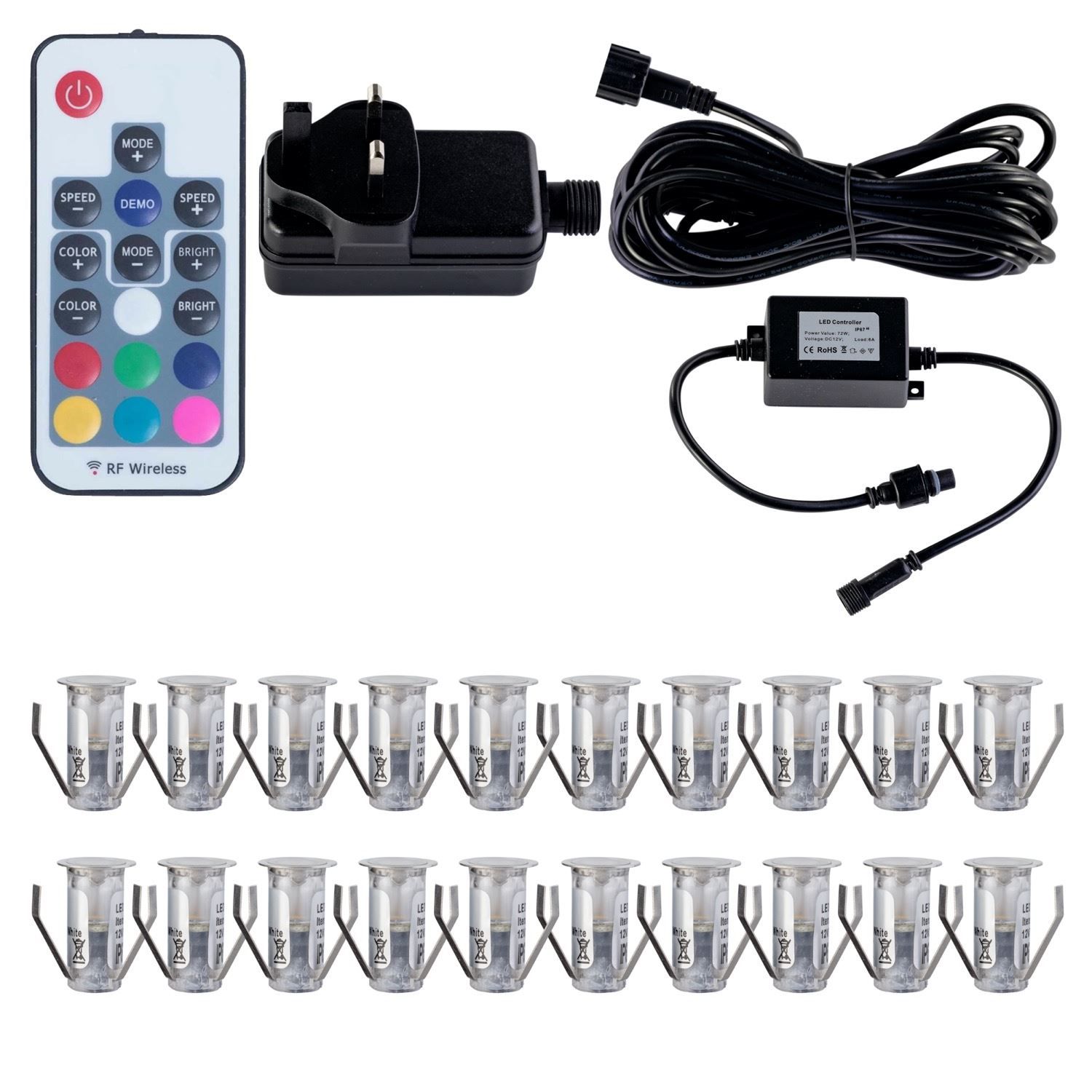First Choice Lighting Set of 20 - 15mm Stainless Steel IP67 Colour Changing LED Decking Kit in Silver