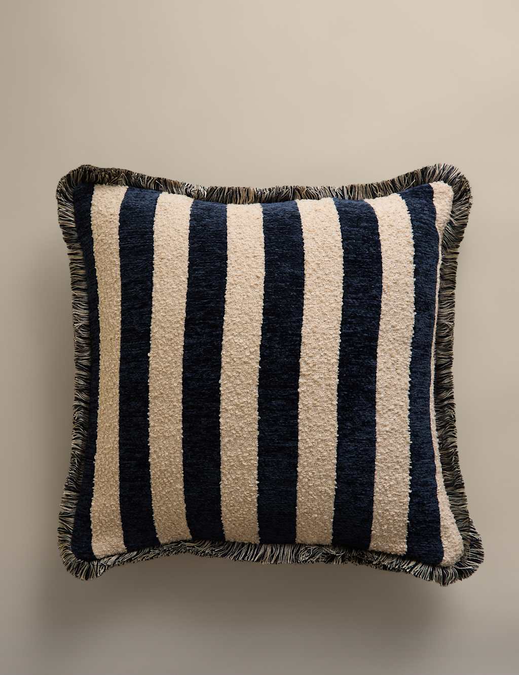 M&S Chenille Striped Fringed Cushion Navy Mix