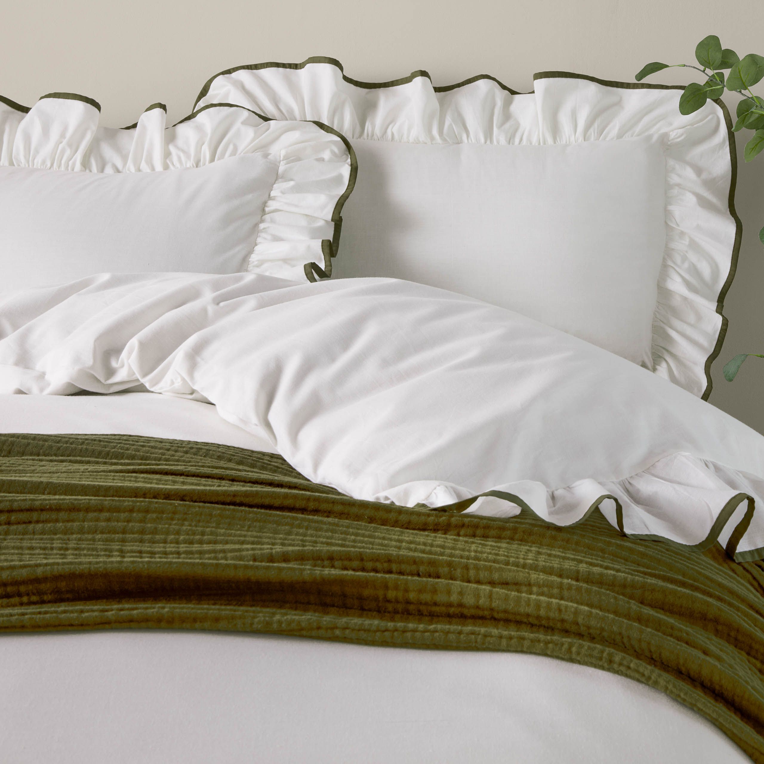 Wylder Blousey Ruffled 100% Cotton Pillowcase Pair in Olive