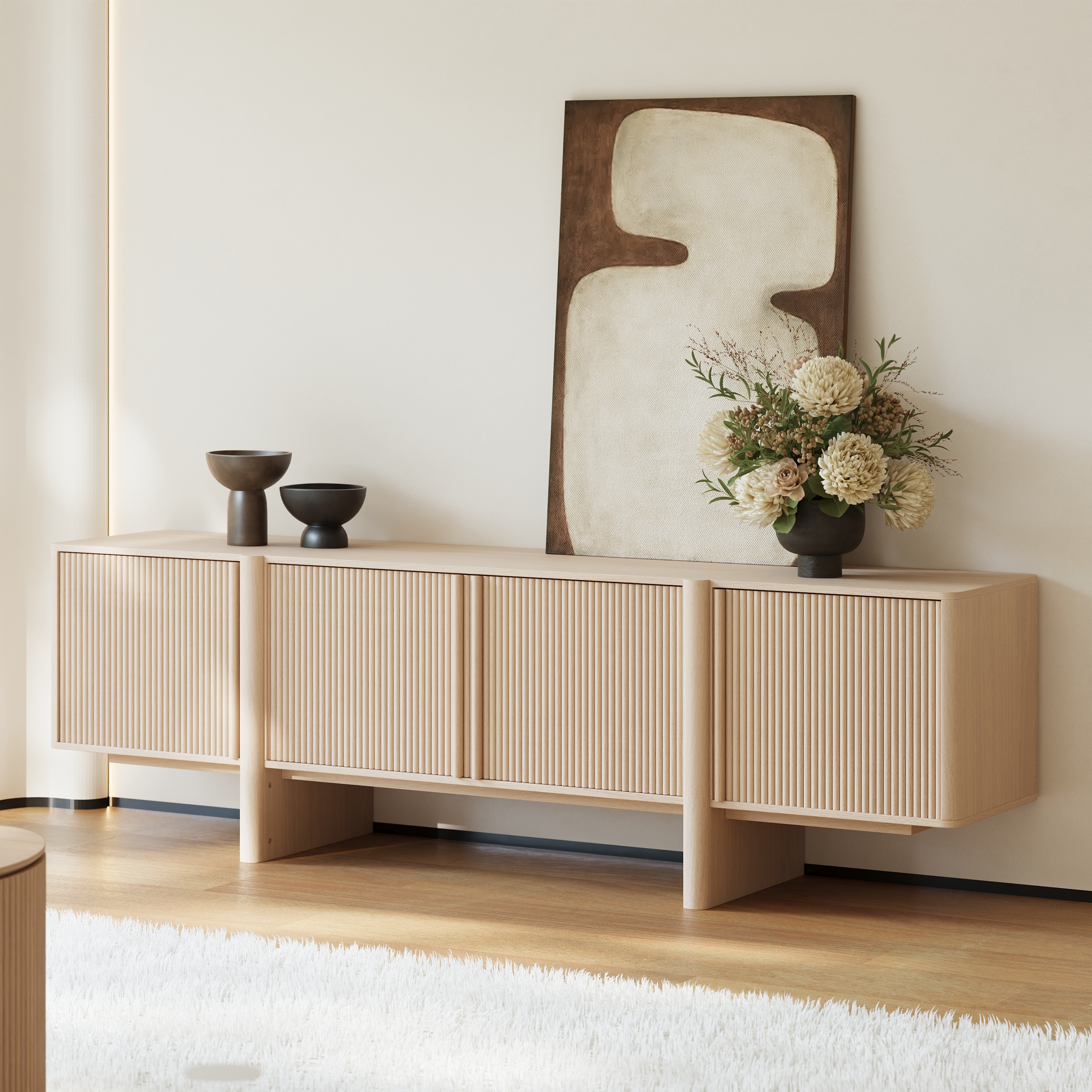 200 cm Solid Wood Fluted Whitewash TV Stand with Cabinets