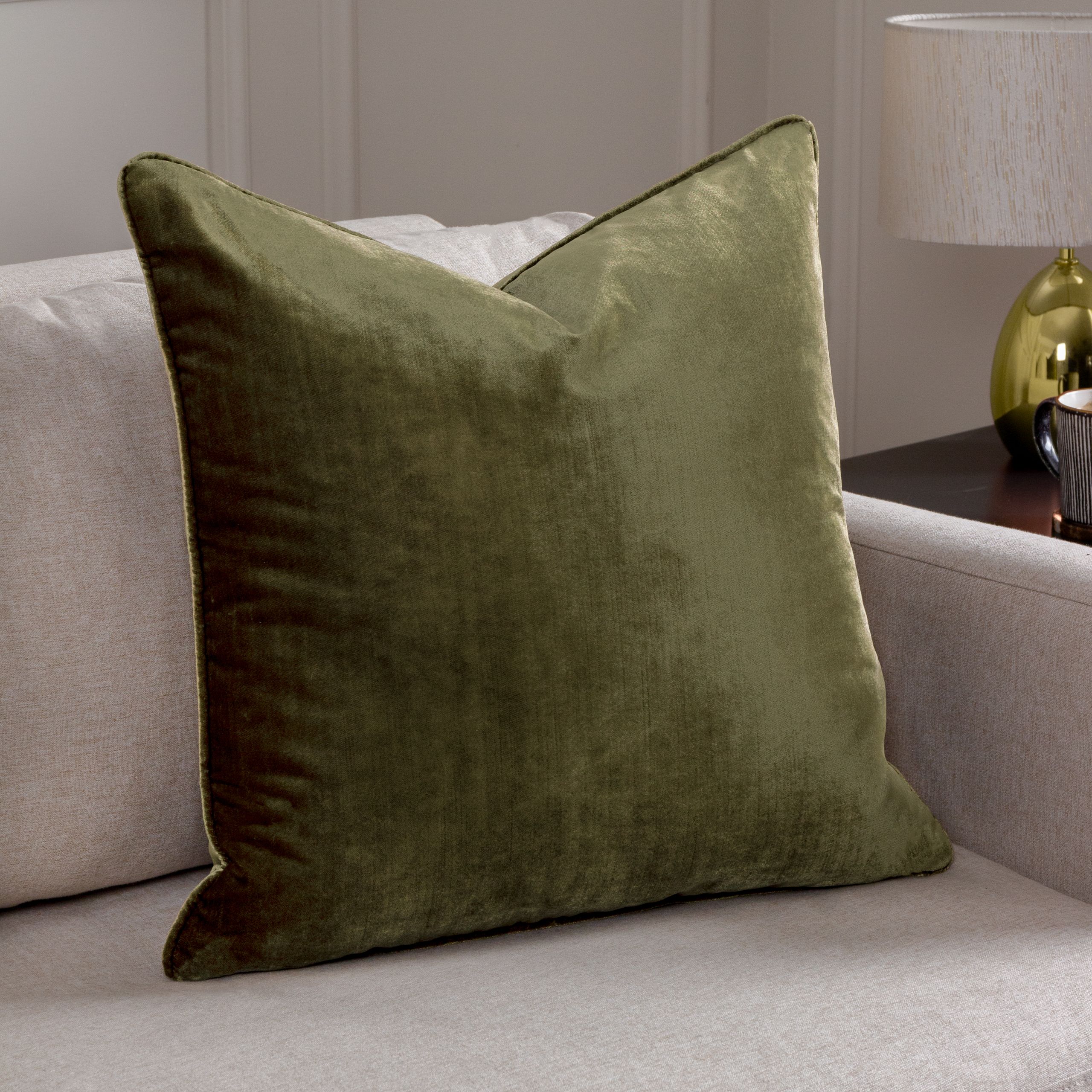 Paoletti Luxe Velvet Piped Cushion in Olive