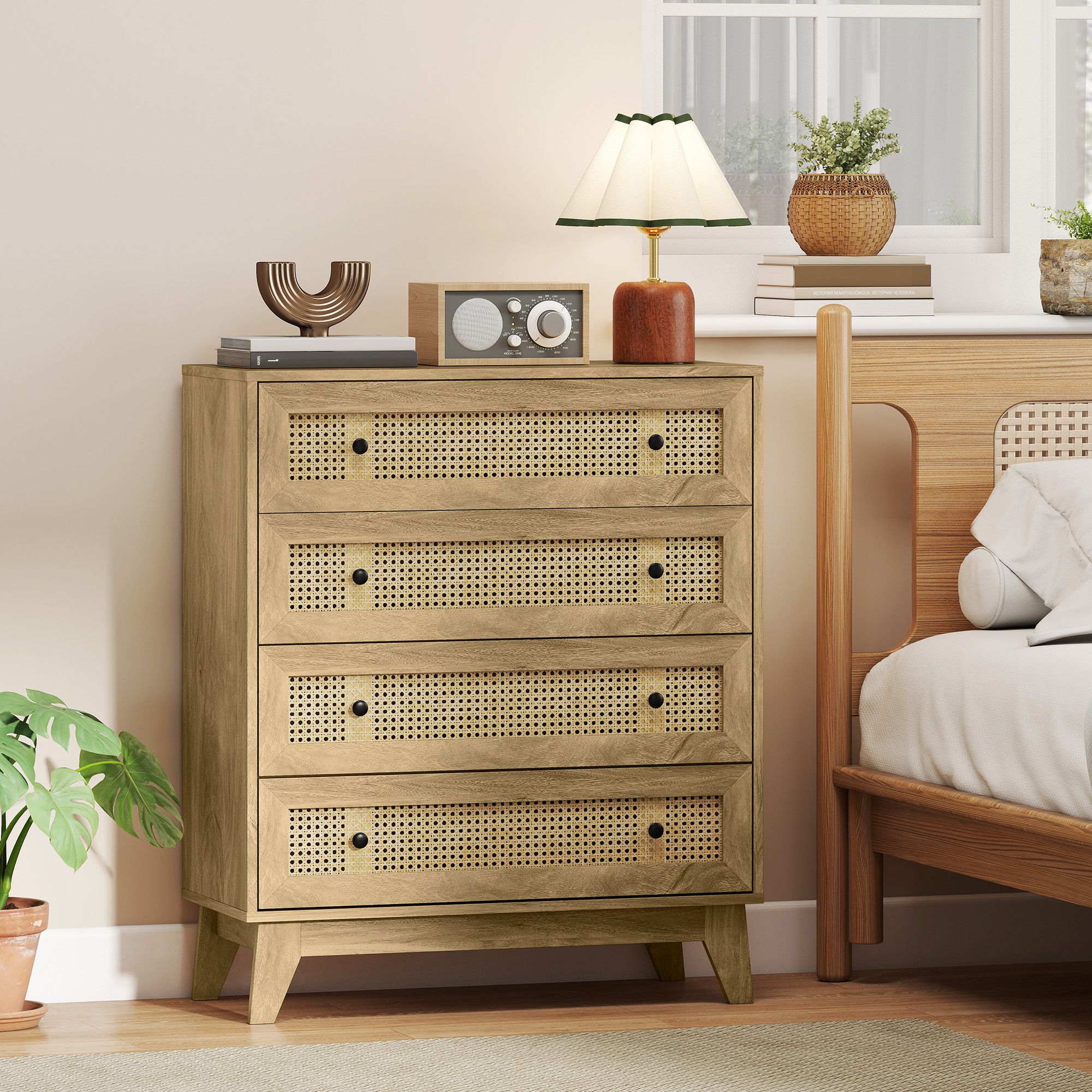 HOMCOM Chest of Drawers, 4 Drawer Unit Storage Organiser with Rattan Element in Light Brown