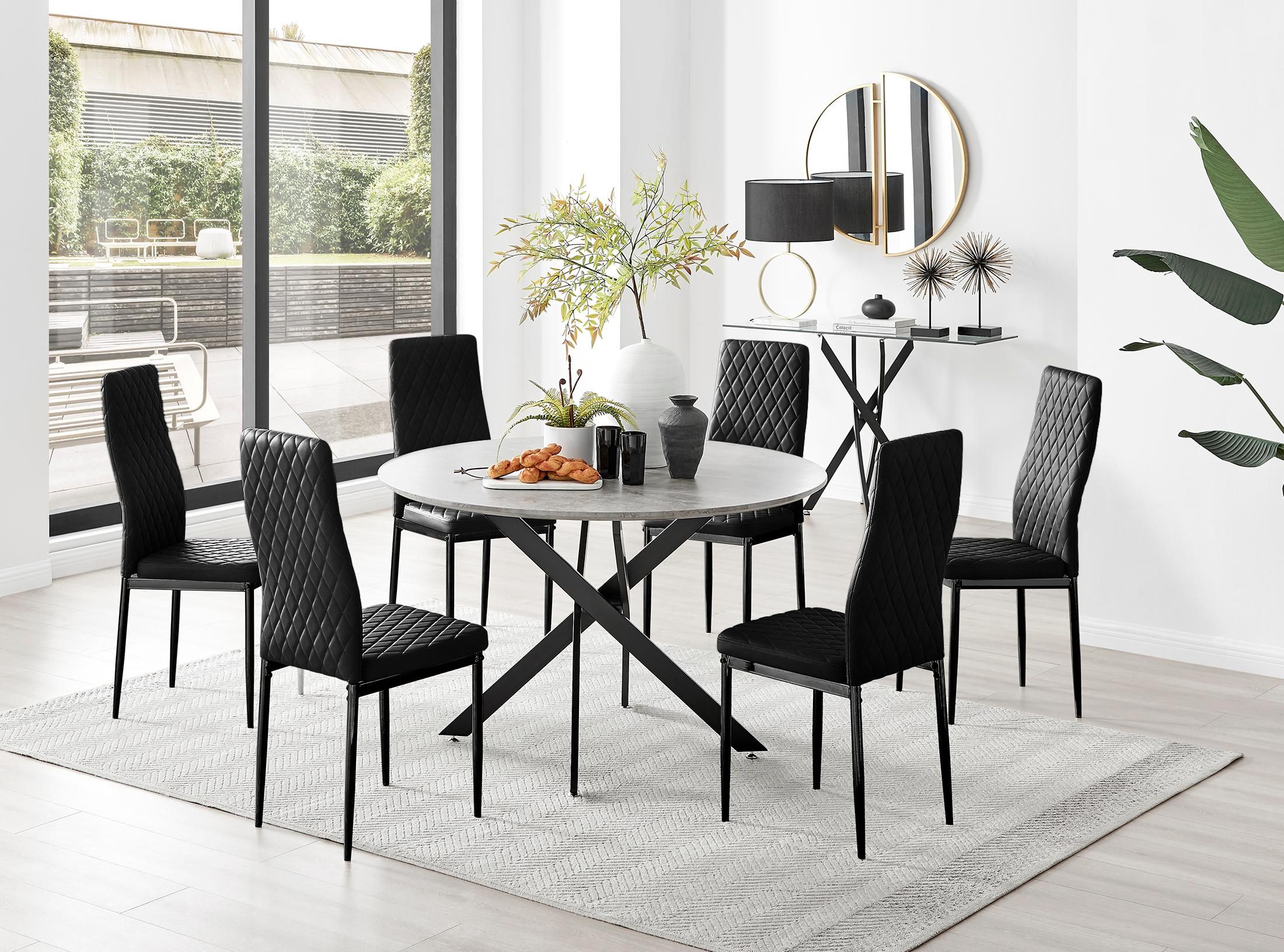 FurnitureboxUK Novara Grey Concrete Effect Black Leg 120cm Round Dining Table & 6 Velvet Milan Black Leg Chairs