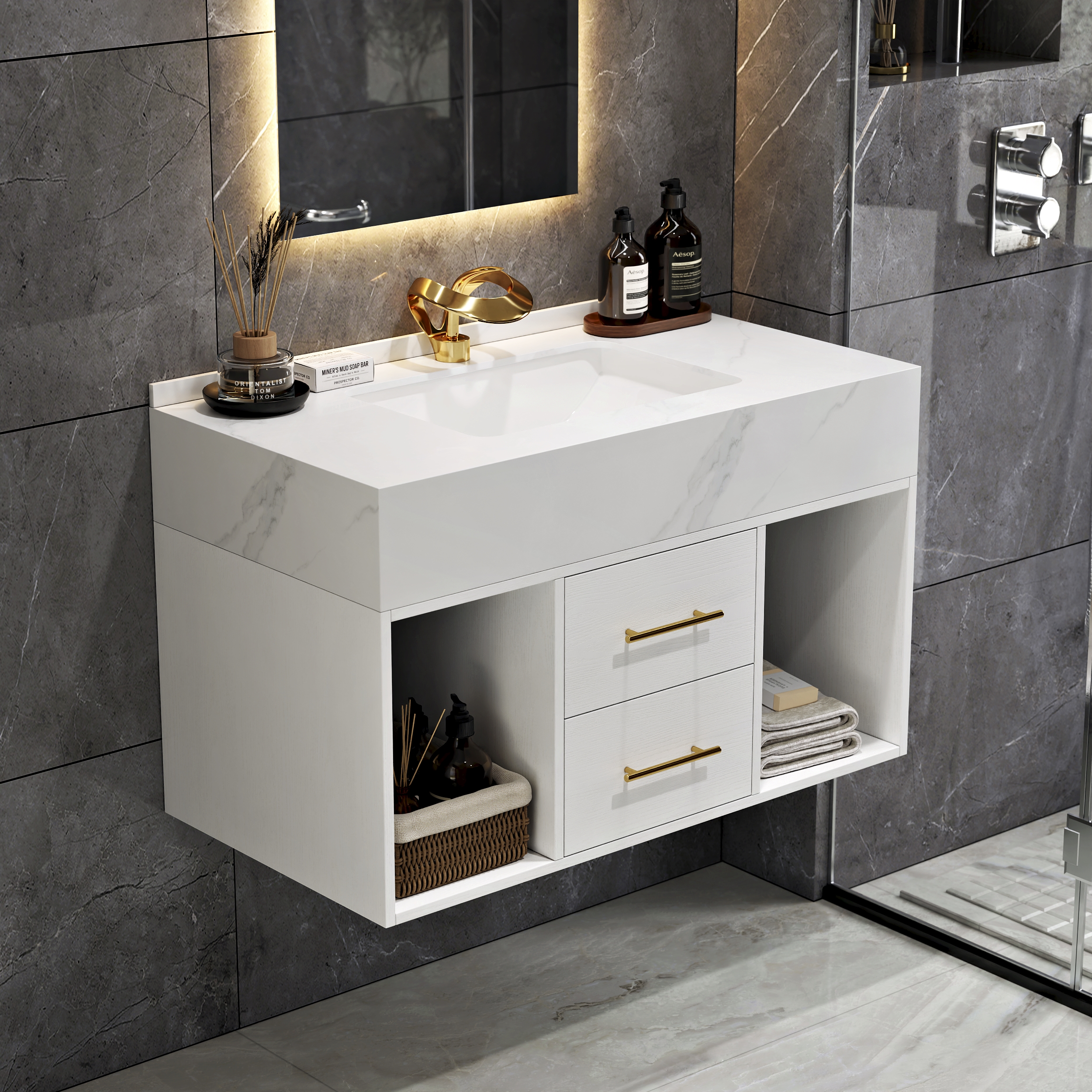 35" Floating Bathroom Vanity with Sintered Stone Vessel Sink with 2 Drawers in White
