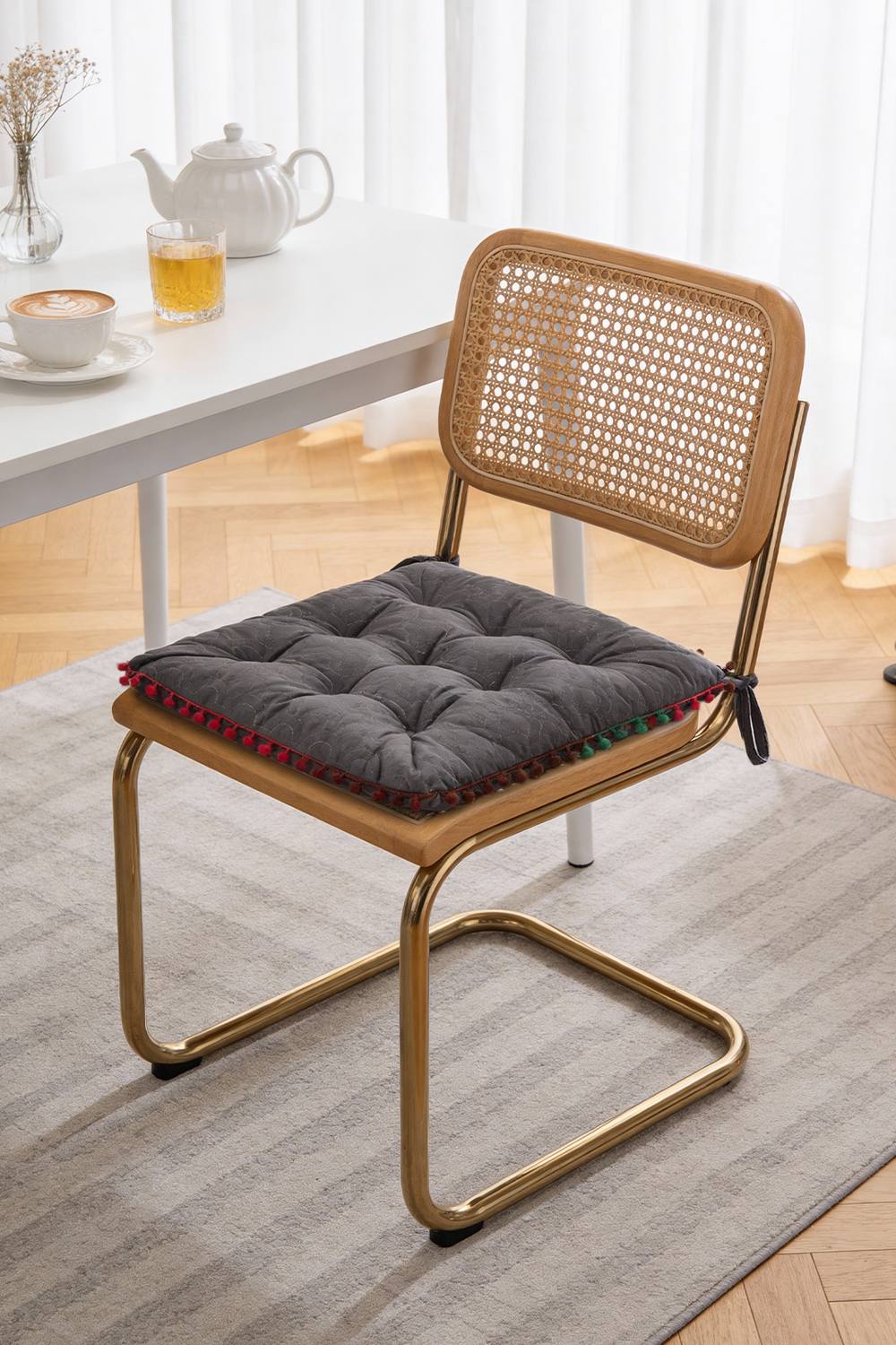 Quilted Pom Pom Edge Decor Home Chair Cushion in Grey