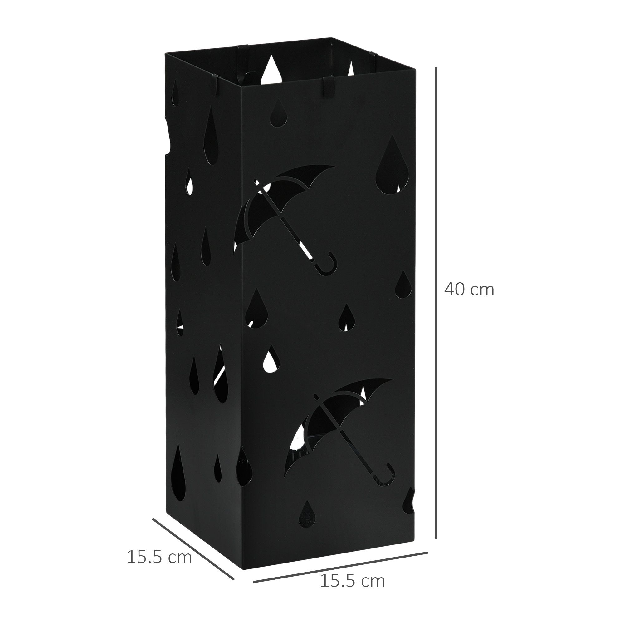 HOMCOM Metal Umbrella Stand, Square Umbrella Basket with 4 Hooks Drip Tray Black 3
